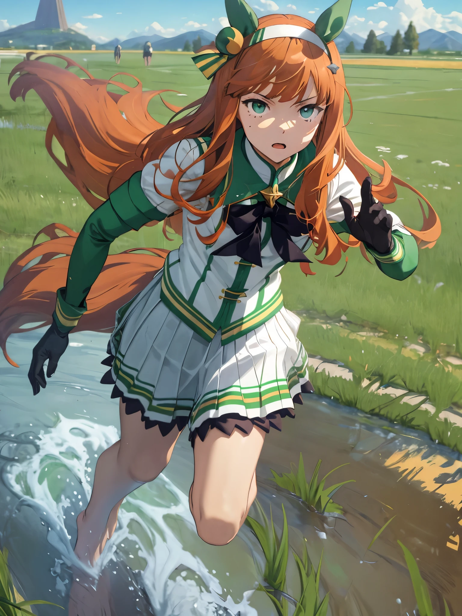 masterpiece, highest quality, running figure, Whole body wide angle, serious expression, silence suzuka \(umamusume\),black gloves, white skirt, pleated skirt, barefoot, (No sleeve), black bow, flowing grass,