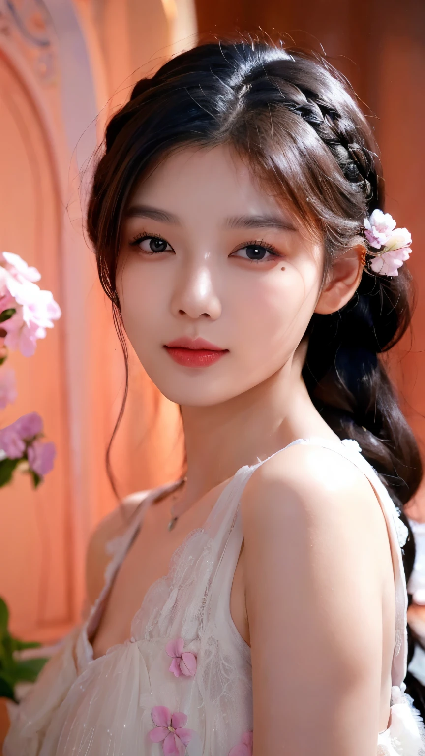 Half body portrait of Korean woman with braided hair, Beautiful and spellbinding for every eye, Under the eyes, night picture, dress up tank top, flowers in hair