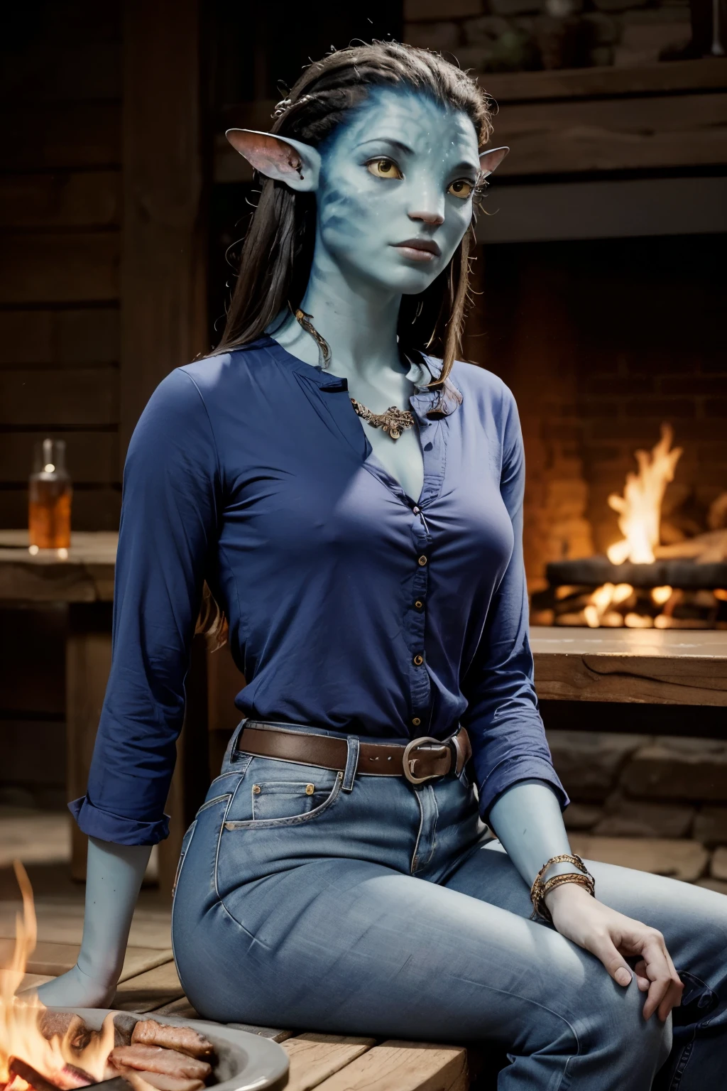 (masterpiece, best quality, high quality), RAW photo, (good body, good proportion, good anatomy, good fingers, good hands), detailed skin, detailed face, blue skin:1.2, pointy ears, Neytiri, avatar \(movie\), bracelet, yellow eyes:1.4, jewelry, portrait, (full modern clothing, blouse, jeans, depth of field photo of (sks woman:1), sitting, indoor restaurant, daytime, barbecue fire in background