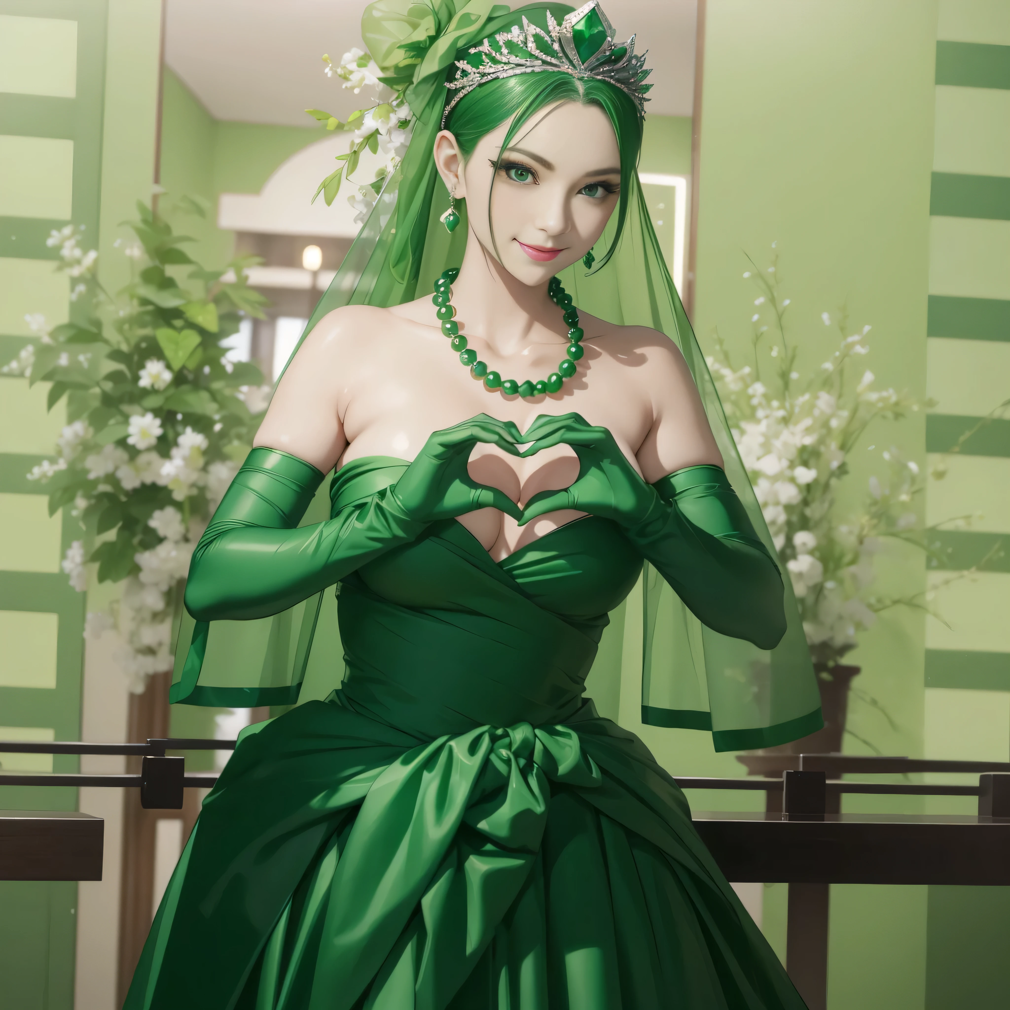 emerald tiara, Green Pearl Necklace, ボーイッシュな非常に短いgreen hair, green lips, smiling Japanese woman, very short hair, Beautiful woman with big breasts, green eyes, green satin long gloves, green eyes, emerald earrings, Green veil, Heart with both hands, green hair, beautiful japanese woman, heart shaped hands:1.3, green lip gloss