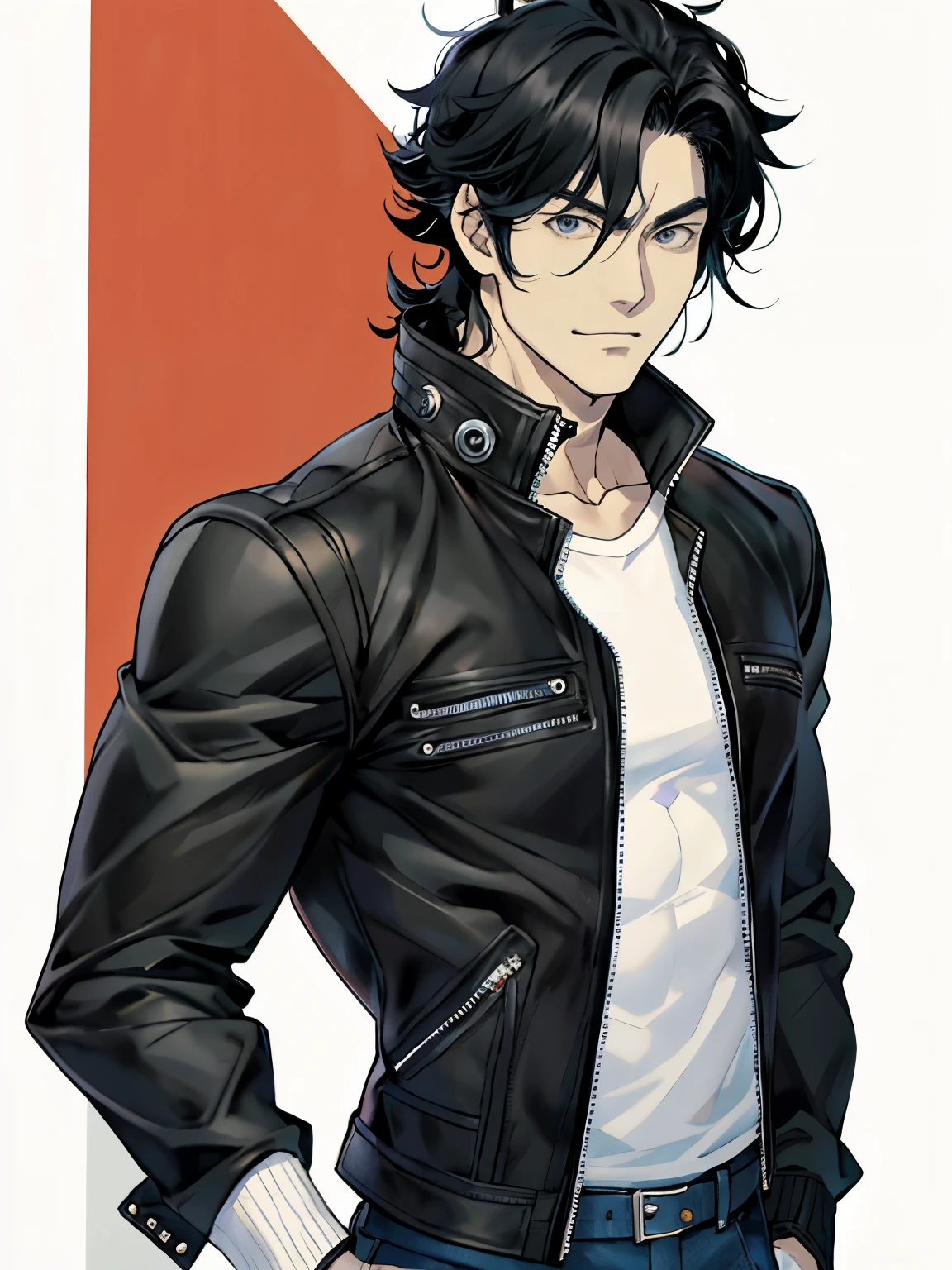 黒い革のジャケットを着たanimeのmale, デーモンスレイヤーアートのgood lookingなmale, Kentaro Miura's manga art style、male、black hair、good looking、skin color、unkempt、30 generations、anime、Black leather jacket、white shirt、jeans、slanted eyes、perfect body、muscular、medium hair、尻に手を当てるmale、ポケットに手を入れるmale、anime風、perfect body、Smile、white background