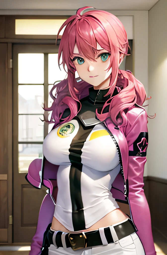 feldt grace, felt uniform, long hair, cropped jacket, pink jacket, white pants, belt bag,(big breasts:1.5),looking at the viewer,(((table top))),((highest quality)),perfect anatomy,8k UHD,highly detailed face,shiny and glossy,((1 girl)),((alone)),(detailed and beautiful eyes:1.5),perfect image,(Upper body:1.1),(look ahead:1.1),turn your arms behind your back,slim waist,shiny hair,Are standing,light smile,indoor hall,