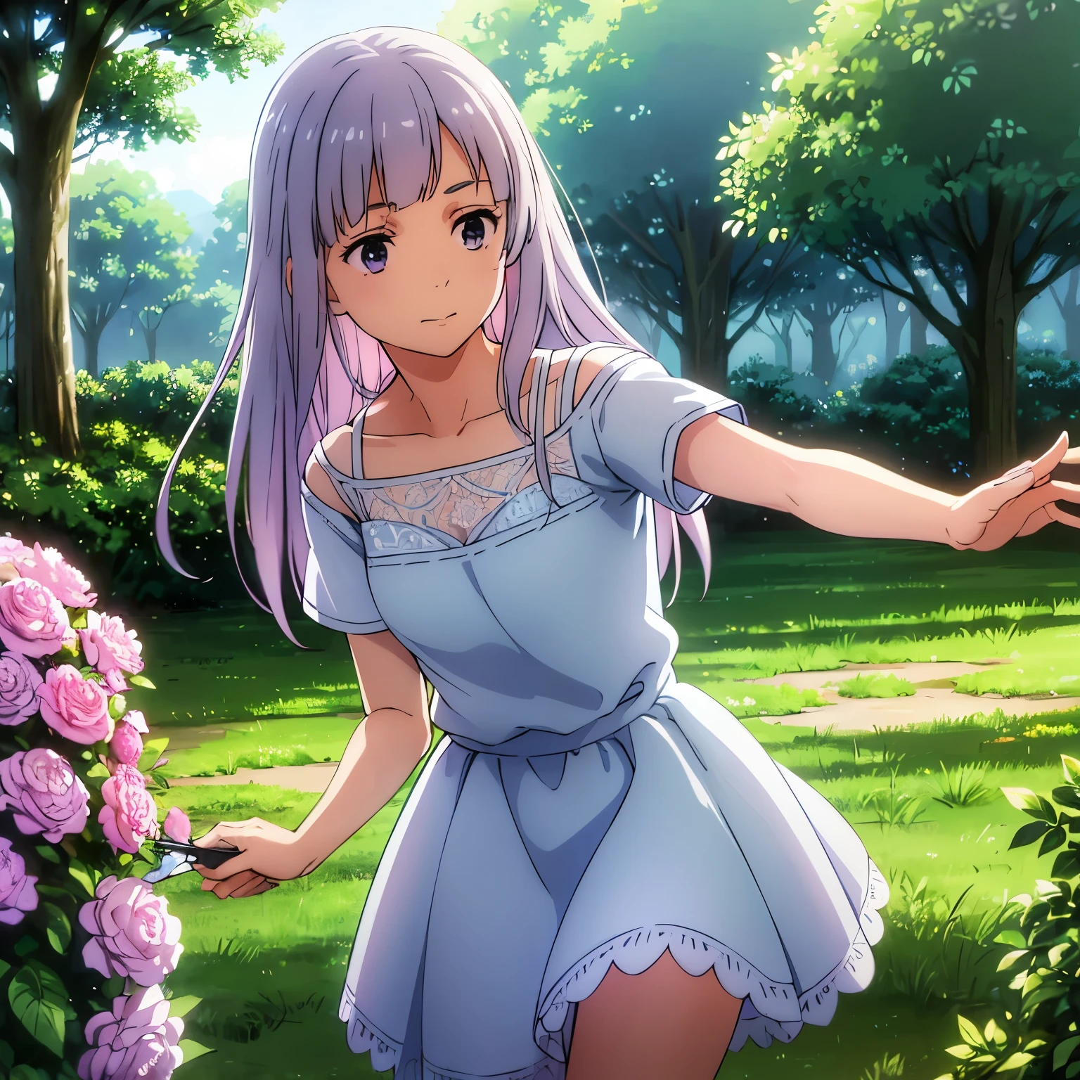 "(best quality,realistic) A girl with brown hair and beautiful lilac eyes wearing a blue sailor dress, standing in a blooming garden. (vivid colors) The garden is filled with vibrant flowers in various shades of red, pink, and purple. (ultra-detailed) The girl's hair is flowing and silky, with every strand meticulously detailed. (professional) Her eyes are mesmerizing, with a sparkle that reflects the sunlight. (ultra-fine painting) The blue sailor dress she wears is intricately patterned, with tiny sailboat prints and delicate lace trimmings. (sharp focus) The dress flares out gracefully as she twirls in the garden, capturing the movement and energy in every brushstroke. (bokeh) The background is blurred, creating a dream-like atmosphere with soft bokeh lights illuminating the scene. (portrait) The composition focuses on the girl, highlighting her innocence and youthful charm. (photorealistic) The lighting in the scene is soft and diffused, casting a warm glow on her face. (concept artists) The overall style of the artwork is reminiscent of concept art, with a mix of realism and fantasy elements. (pastel color tone) The color palette is dominated by soft pastel hues, emphasizing the girl's gentle presence in the garden. (