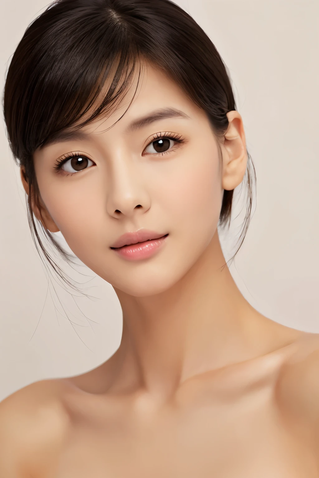 ((masterpiece, top quality, high definition)), 1 girl, (photorealistic: 1.4), solo, white background, snow-white background, mouth closed, happy smile, pretty black hair, short hair, big eyes, clear double eyelids, eyelashes, ears out, absolute area, ((face close-up)), (drawing all head, shoulders), 30 years old, Attractive proportions, glossy skin, clean collarbone, face in golden proportion, perfect face, teardrop mole, mole on chest, bangs, clean bangs, beautiful bangs, lip gloss, thin lips, pale skin, naked, small breasts, small face, head all drawn, shoulders all drawn, staring at the camera slightly upwards