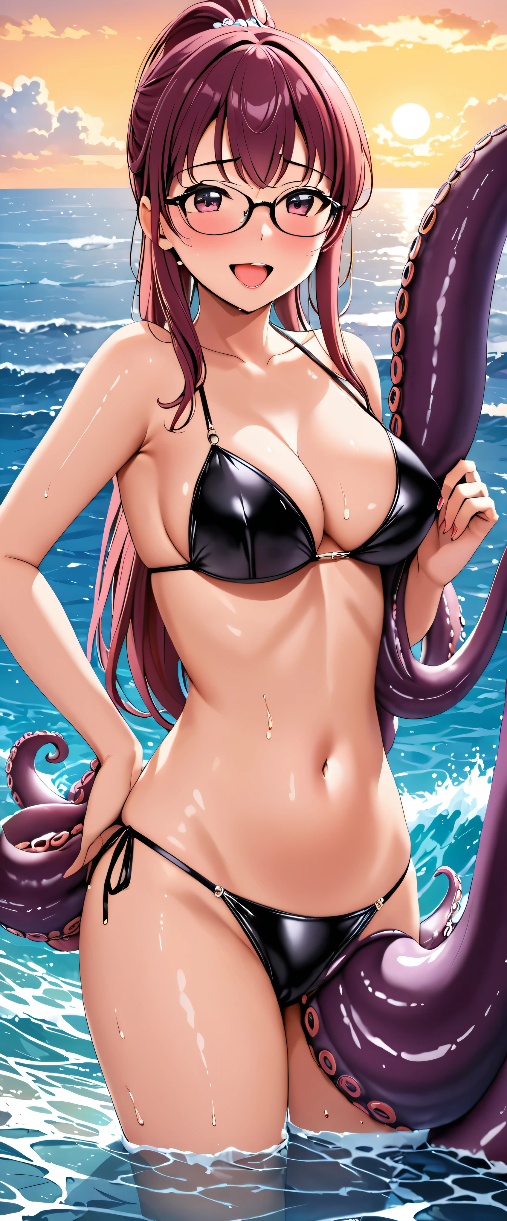 woman,25 years old,Ocean,morning,(((latex bikini))),(wet with sweat),open mouth smile、Glasses,((beautiful long ponytail)),blush、surprised face,(((Tentacles wrap around the body)))(((sex with tentacles)))(((Tentacles wrap around the body)))(((Tentacles wrap around the body)))(look back)((octopus tentacles))