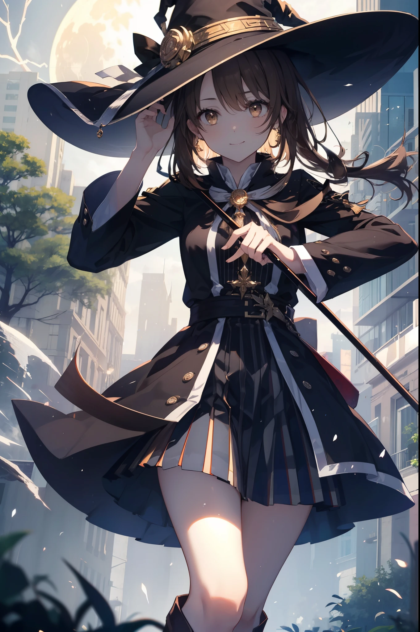 irohaisshiki, iroha isshiki, long hair, brown hair, (brown eyes:1.5), smile,witch hat,Witch Dress,long skirt,short boots,staff 1:1, holding staff 1:1, mouth is open,long magic wand 1:the magic of having it(thunder)I&#39;m putting it out,ability(thunder,)
"witch&#39;s contract": 月明かりに照らされたforestに集まったwitch&#39;s contractを示す暗くて雰囲気のある画像, Surrounded by swirling fog、Cast a spell under the watchful eye of a shining full moon,
break outdoors, forest,
break looking at viewer, 
break (masterpiece:1.2), highest quality, High resolution, unity 8k wallpaper, (shape:0.8), (fine and beautiful eyes:1.6), highly detailed face, perfect lighting, Very detailed CG, (perfect hands, perfect anatomy),