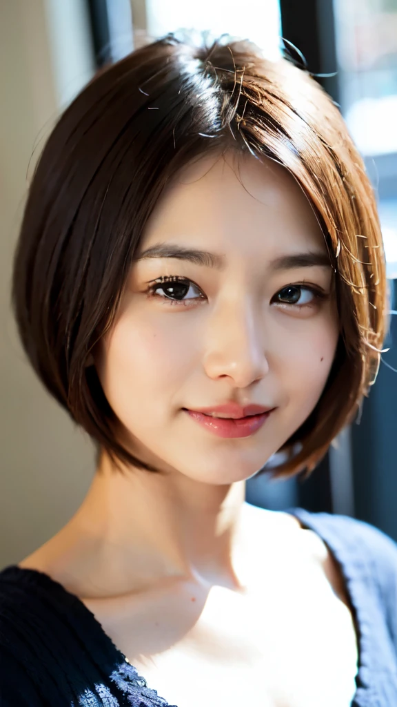 (masterpiece:1.3), (8k, Photoreal, Raw photo, best image quality: 1.4), Japanese high school girl、(random hairstyle:1.2)、cleavage:1.2、super detail face、eye for details、double eyelid、sharp focus:1.2、Beautiful woman:1.4、light brown hair、highest quality、masterpiece、超A high resolution、(Photoreal:1.4)、Highly detailed and professionally lit smiles、loose and light knitwear、thin、serious expression、short haired、deadly position