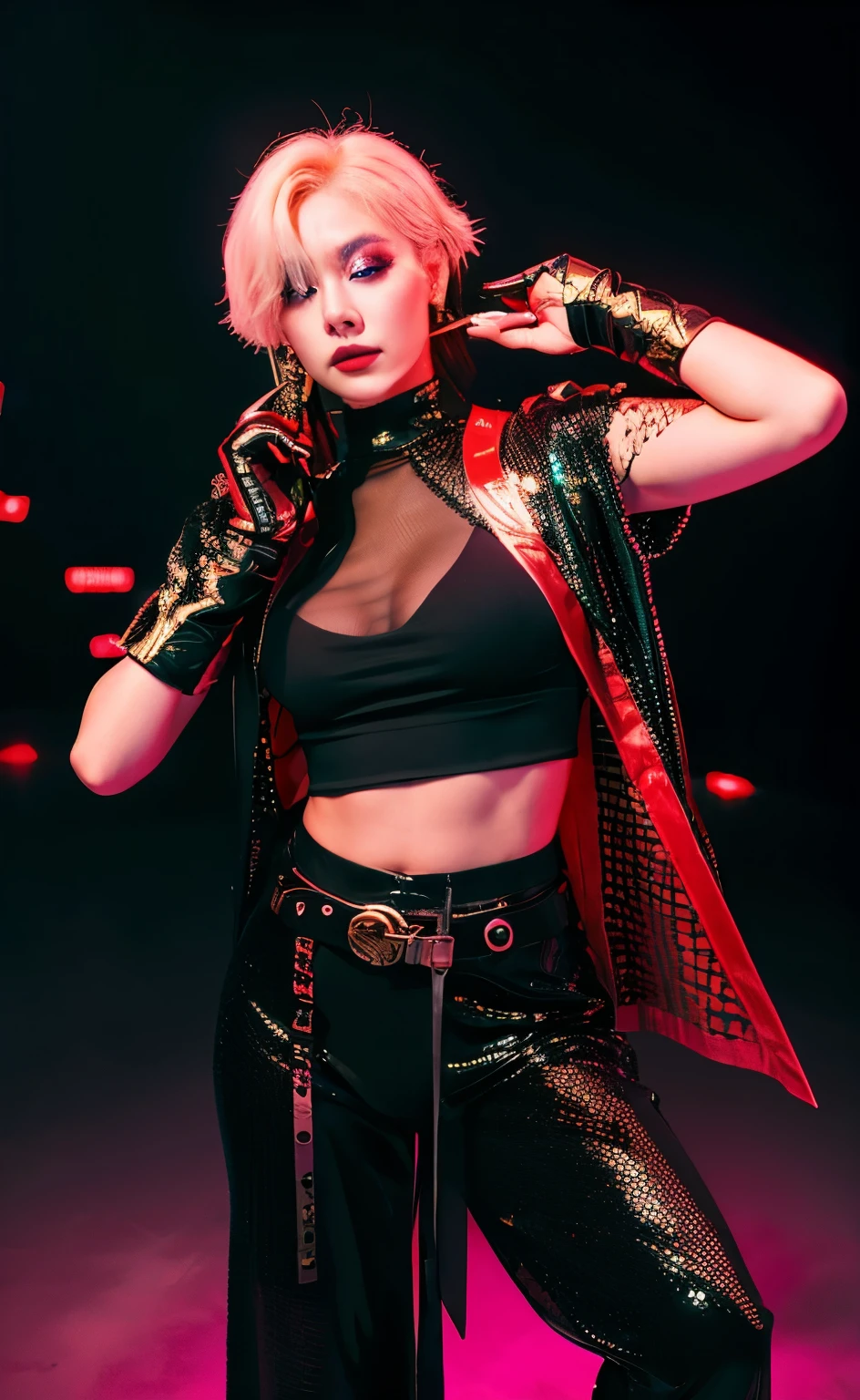 A woman is doing a beautiful pose。The right eye is red and the left eye is gold。Hair is short blonde mesh。His clothes are cyberpunk and he carries a sword.。The background is a fantastic space。8k,