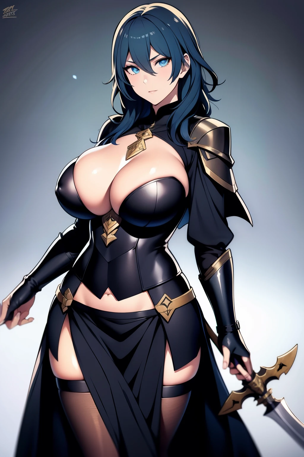 An anime-style artwork depicting Byleth from the game Fire Emblem: Three Houses.

Tags: Byleth, protagonist, anime, detailed eyes, detailed lips, blue hair, mercenary attire, sword-wielding, serious expression, intense gaze, glowing emblem on hand, dynamic pose, mystical background, vibrant colors, digital art, high-resolution, professional quality, gigantic breasts.