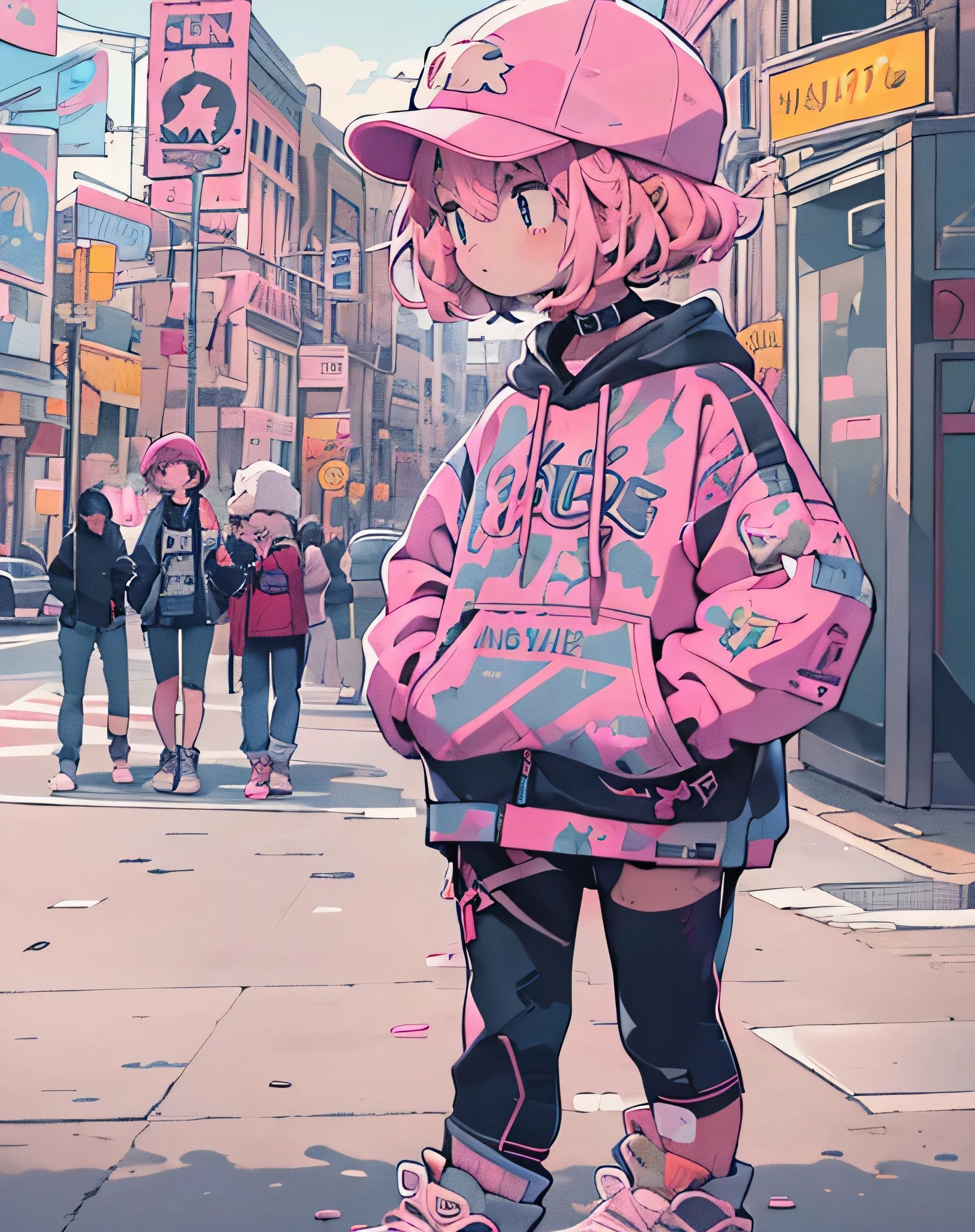 masterpiece,1 girl,alone,(((cutest girl ever)))、short hair,pink hair,Fashionable hoodies,mob cap, street,put your hands on your hips, put one'Hand in hand'pocket of,