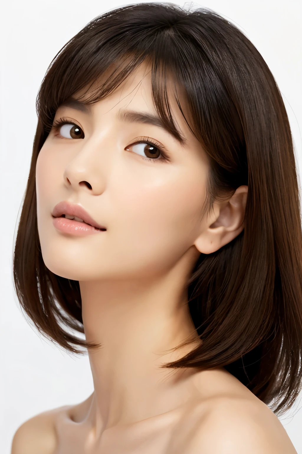 ((masterpiece, top quality, high definition)), 1 girl, (photorealistic: 1.4), solo, white background, snow-white background, mouth closed, happy smile, pretty black hair, short hair, big eyes, clear double eyelids, eyelashes, ears out, absolute area, ((face close-up)), (drawing all head, shoulders), 30 years old, Attractive proportions, glossy skin, clean collarbone, face in golden proportion, perfect face, teardrop mole, mole on chest, bangs, clean bangs, beautiful bangs, lip gloss, thin lips, pale skin, naked, small breasts, small face, head all drawn, shoulders all drawn, staring at the camera slightly upwards