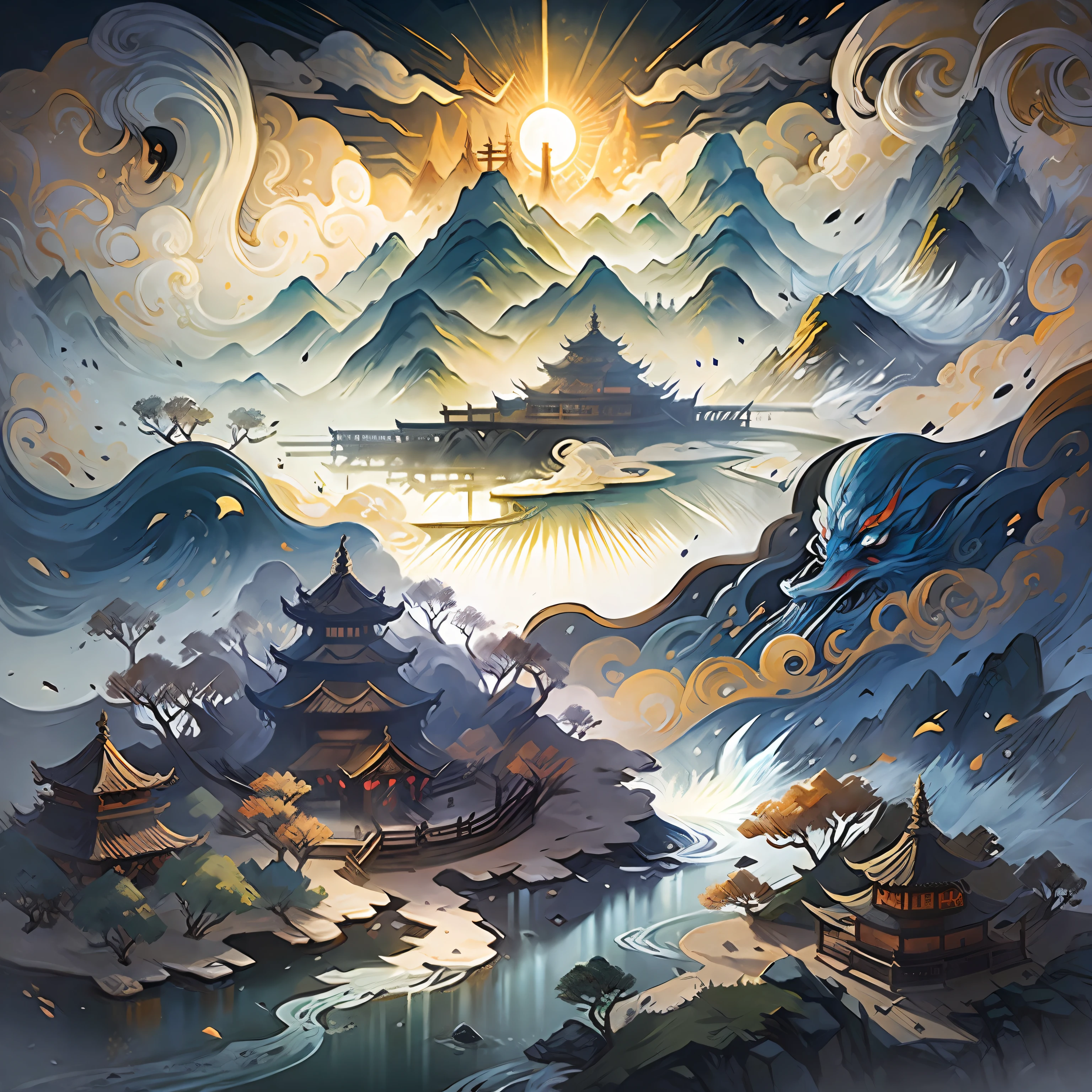 ((best quality)), ((masterpiece)), Chinese style, Classic of Mountains and Seas, mythical beast mountains, river, Xiangyun, exhibition hall, Sunlight, masterpiece, Ultra-detailed, epic work,