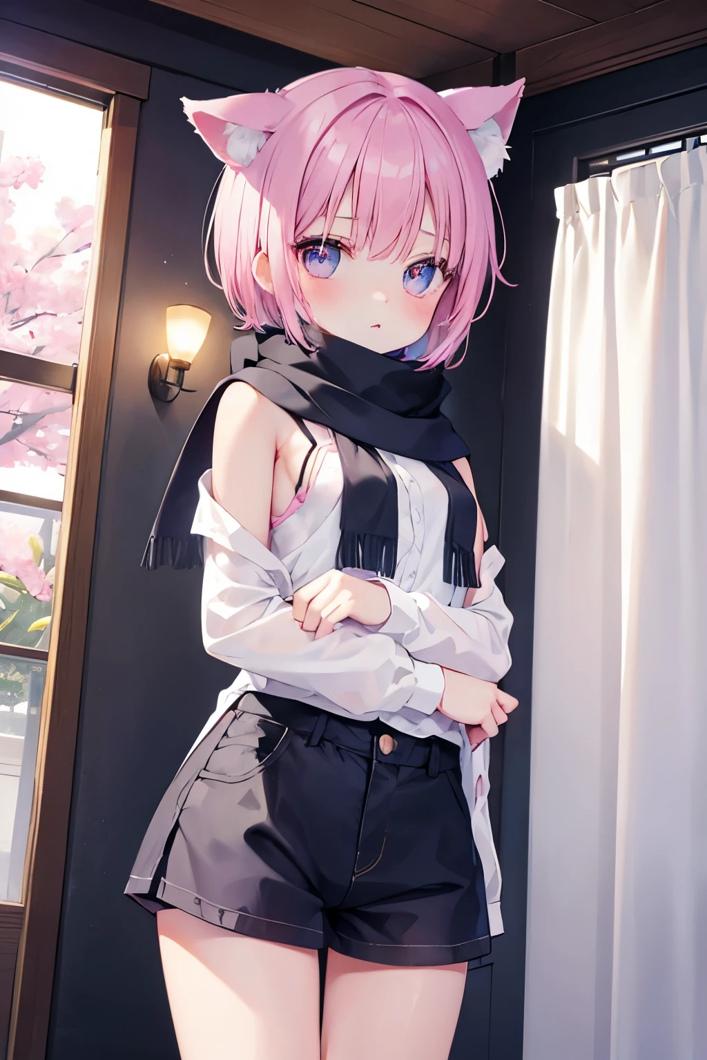 NSFW,Very beautiful and shining eyes、shining eyes、1 girl、small breasts、big mouth、high school girl、small breasts、Cat ear、Transparent pink short hair、scarf、hot pants、transparent clothes、childish clothes、7 year old girl