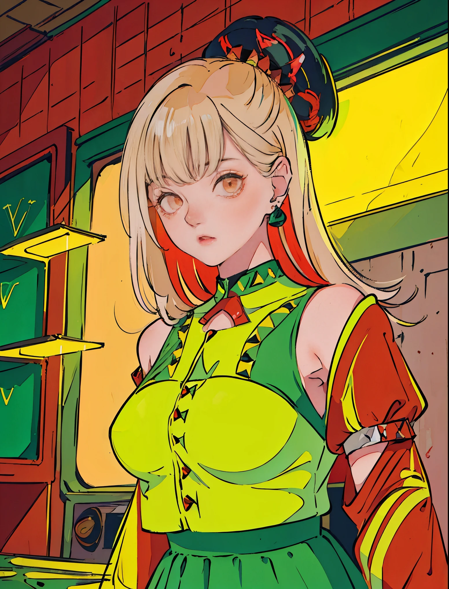 beatiful young korean woman with long ash blonde hair, in a 1950's mexican taco stand, ((neon lights green and yellow lights)), (((((high fashion red clothes in the style of Valentino))))), supermodel, model poses, masterpiece, eye level