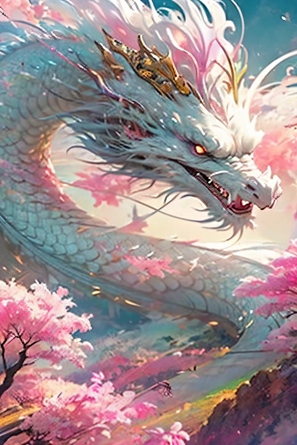 (White Oriental Dragon), sky, pink clouds, flowers, (hazy glow: 1.2), (edge illumination: 1.2). Low contrast, high gloss, (best quality), (realistic medium, realistic: 1.3), (masterpiece: 1.3), epic CG masterpiece, HDR, DTM, full HA, 8K, ultra detailed graphic tension, stunning colors, 3D rendering, surrealism, lighting effects, realism, 00 renderer, ultra realistic, high-definition, exquisite details, extremely detailed, amazing, intricate, epic composition, extraordinary lighting, Beautiful landscape background, enhanced, crisp quality, stunning, winning, chosen, best, novel, modern, artistic, dramatic, atmospheric, professional, confident, unique, inspiring, attractive, romantic, imaginative, perfect, symmetrical, illuminated, sharp focus, rational, (no characters: 1.2)
