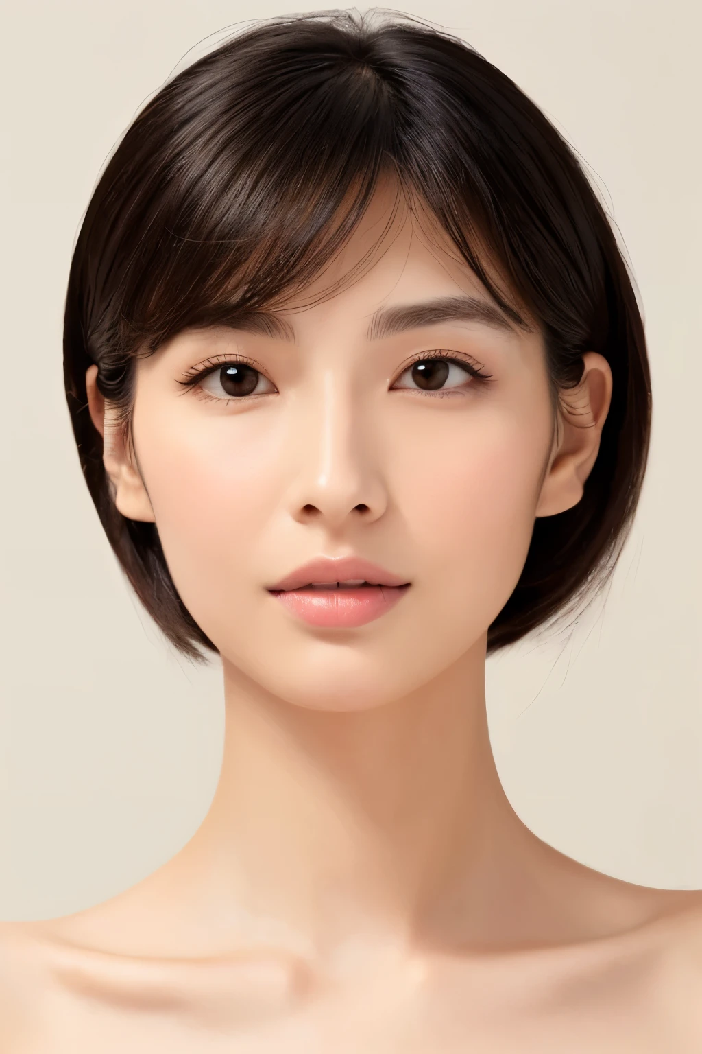 ((masterpiece, top quality, high definition)), 1 girl, (photorealistic: 1.4), solo, white background, snow-white background, mouth closed, happy smile, pretty black hair, short hair, big eyes, clear double eyelids, eyelashes, ears out, absolute area, ((face close-up)), (drawing all head, shoulders), 30 years old, Attractive proportions, glossy skin, clean collarbone, face in golden proportion, perfect face, teardrop mole, mole on chest, bangs, clean bangs, beautiful bangs, lip gloss, thin lips, pale skin, naked, small breasts, small face, head all drawn, shoulders all drawn, staring at the camera slightly upwards