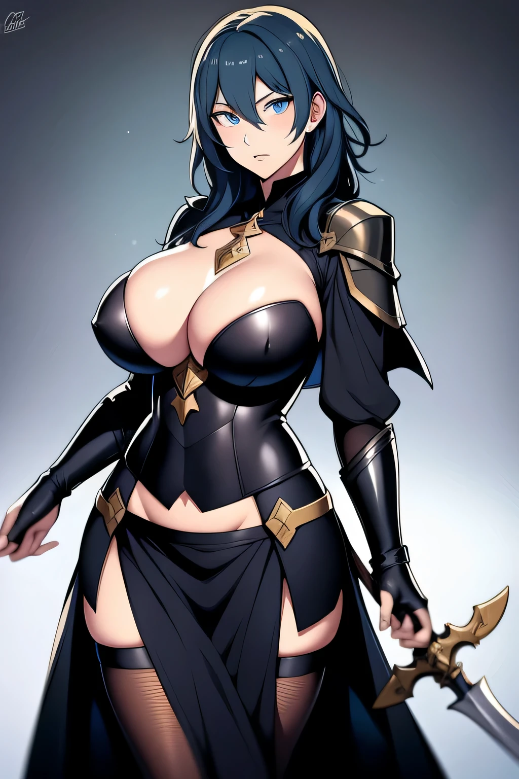 An anime-style artwork depicting Byleth from the game Fire Emblem: Three Houses.
Tags: Byleth, protagonist, anime, detailed eyes, detailed lips, blue hair, mercenary attire, sword-wielding, serious expression, intense gaze, glowing emblem on hand, dynamic pose, mystical background, vibrant colors, digital art, high-resolution, professional quality, gigantic breasts.