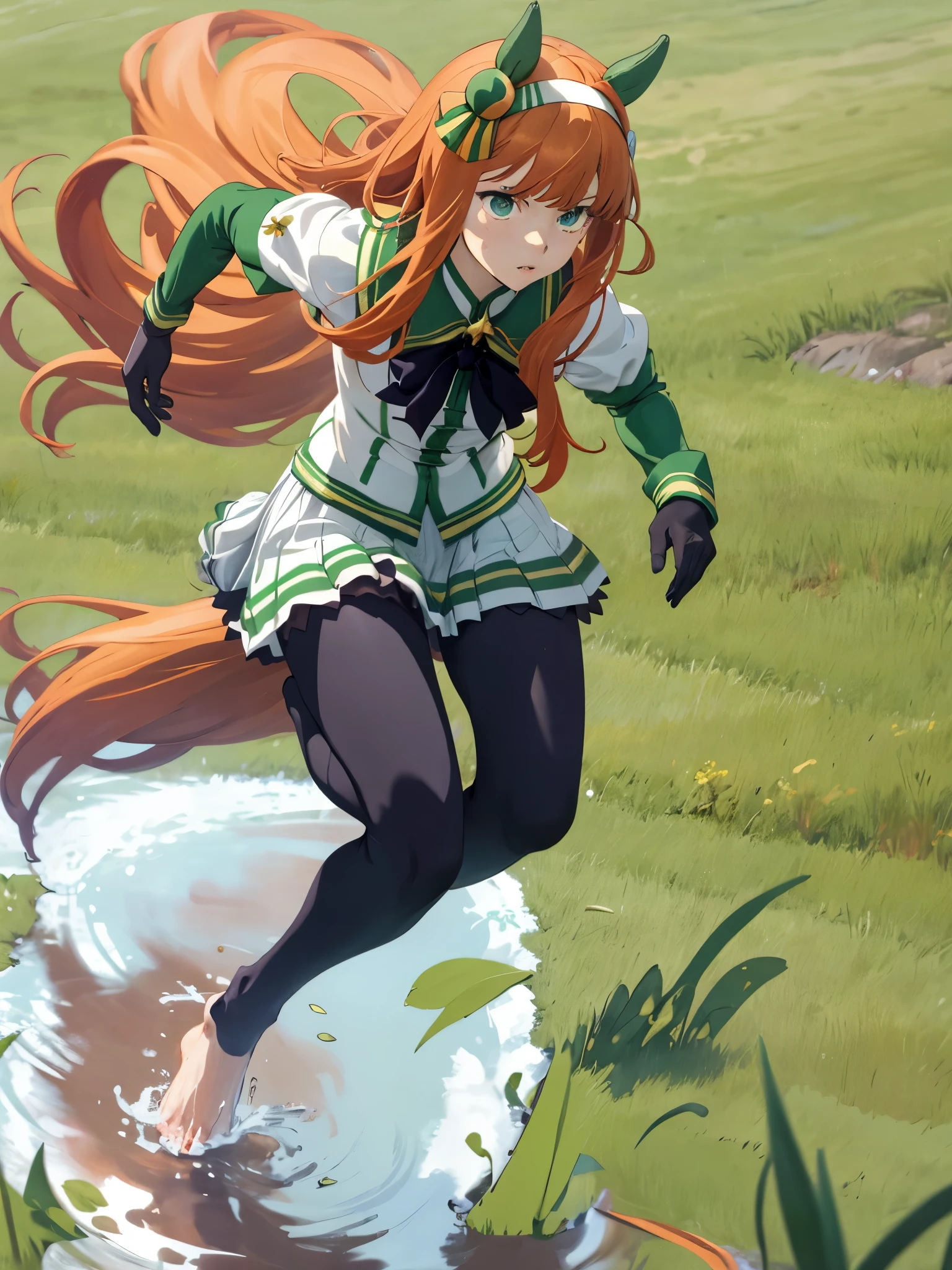 masterpiece, highest quality, running figure, Whole body wide angle, serious expression, silence suzuka \(umamusume\),black gloves, white skirt, pleated skirt, barefoot, (No sleeve), black bow, flowing grass,