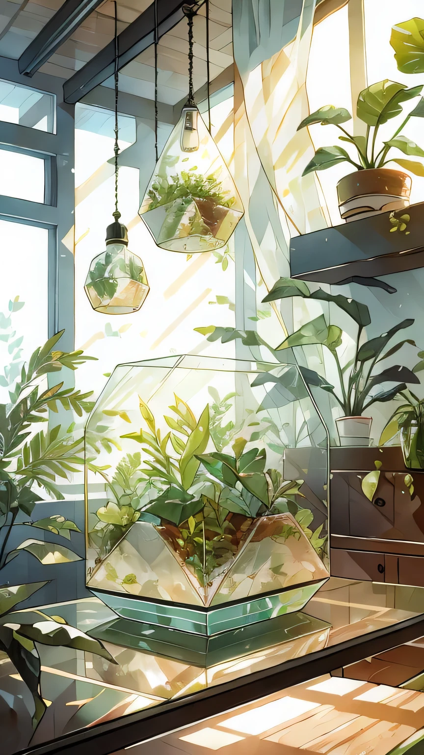 a terrarium on the table,illustration,plants and foliage,crystal clear glass,Mid-century modern style,vibrant colors,soft lighting