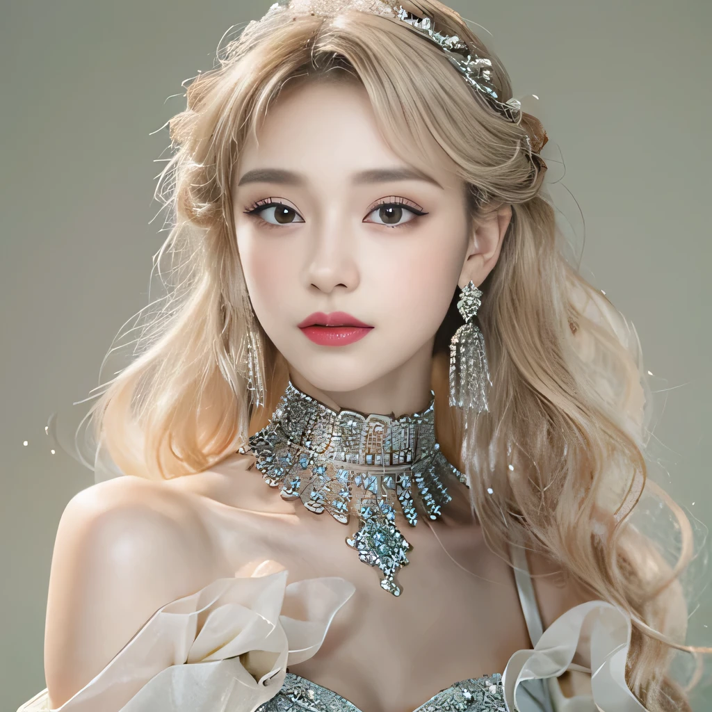 8k）、（best image quality:1.5）、gray background、close up of face、１girl、masterpiece、delicate and sharp eyes、brown eyes、eye power、delicate face、cup、attractive face、platinum blonde hair、Semi-long wave、Green Wedding Dresses、Green Wedding Dresses、I can see the collarbone、gal、Emphasis on the clavicle、earrings、necklace