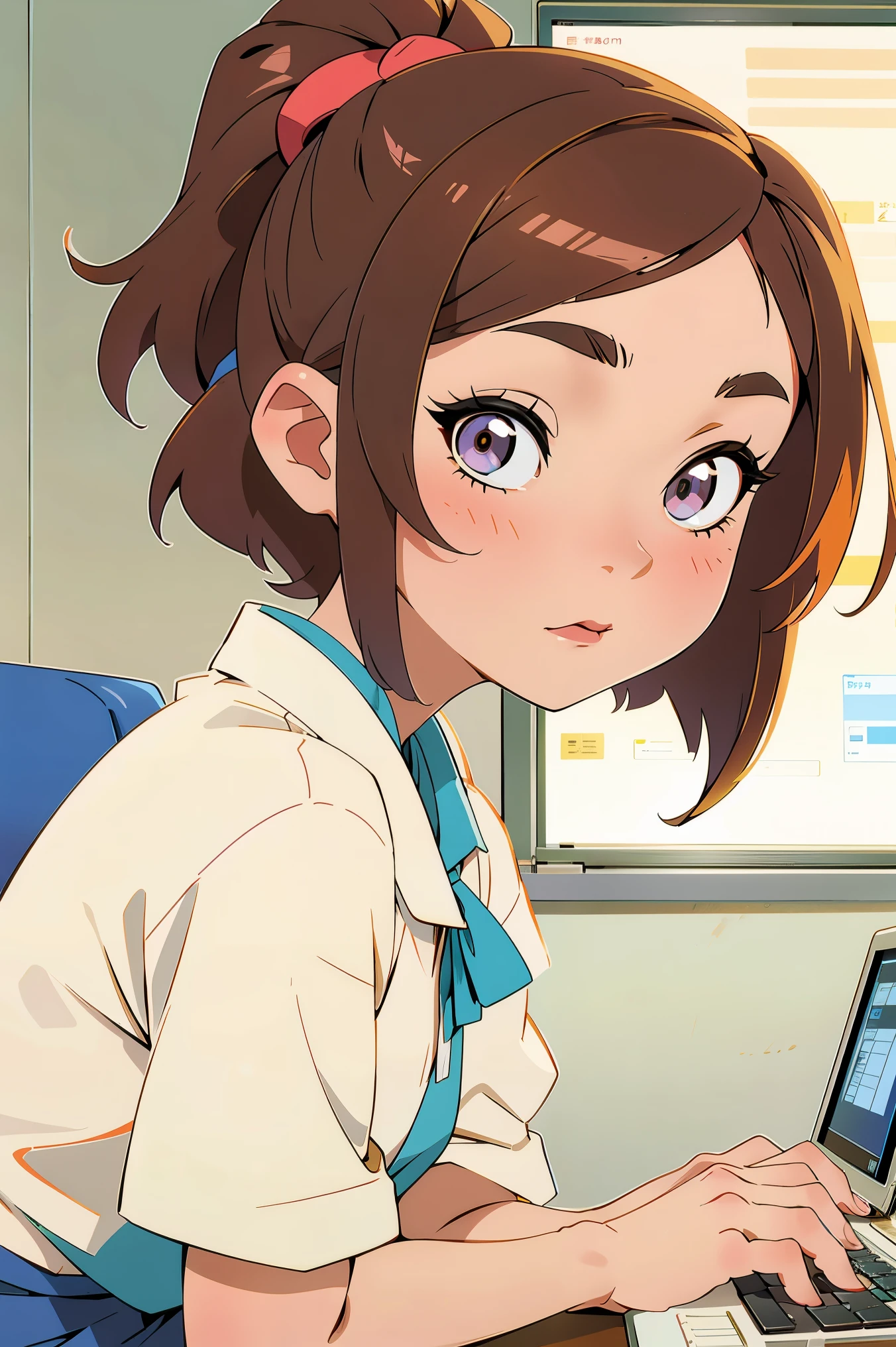 young Japanese female office worker , using a computer at the office