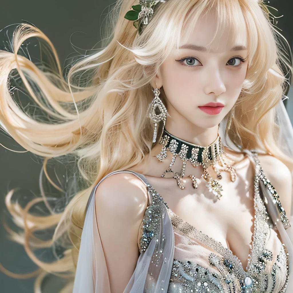 8k)、(best image quality:1.5)、gray background、close up of face、1girl、masterpiece、delicate and sharp eyes、brown eyes、eye power、delicate face、cup、attractive face、platinum blonde hair、Semi-long wave、Green Wedding Dresses、Green Wedding Dresses、I can see the collarbone、gal、Emphasis on the clavicle、earrings、necklace