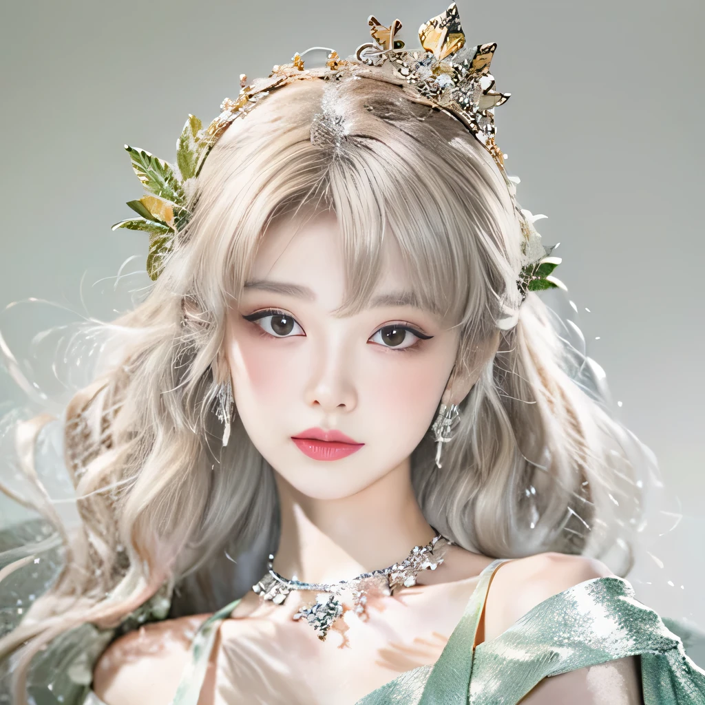 8k)、(best image quality:1.5)、gray background、close up of face、1girl、masterpiece、delicate and sharp eyes、brown eyes、eye power、delicate face、cup、attractive face、platinum blonde hair、Semi-long wave、Green Wedding Dresses、Green Wedding Dresses、I can see the collarbone、gal、Emphasis on the clavicle、earrings、necklace