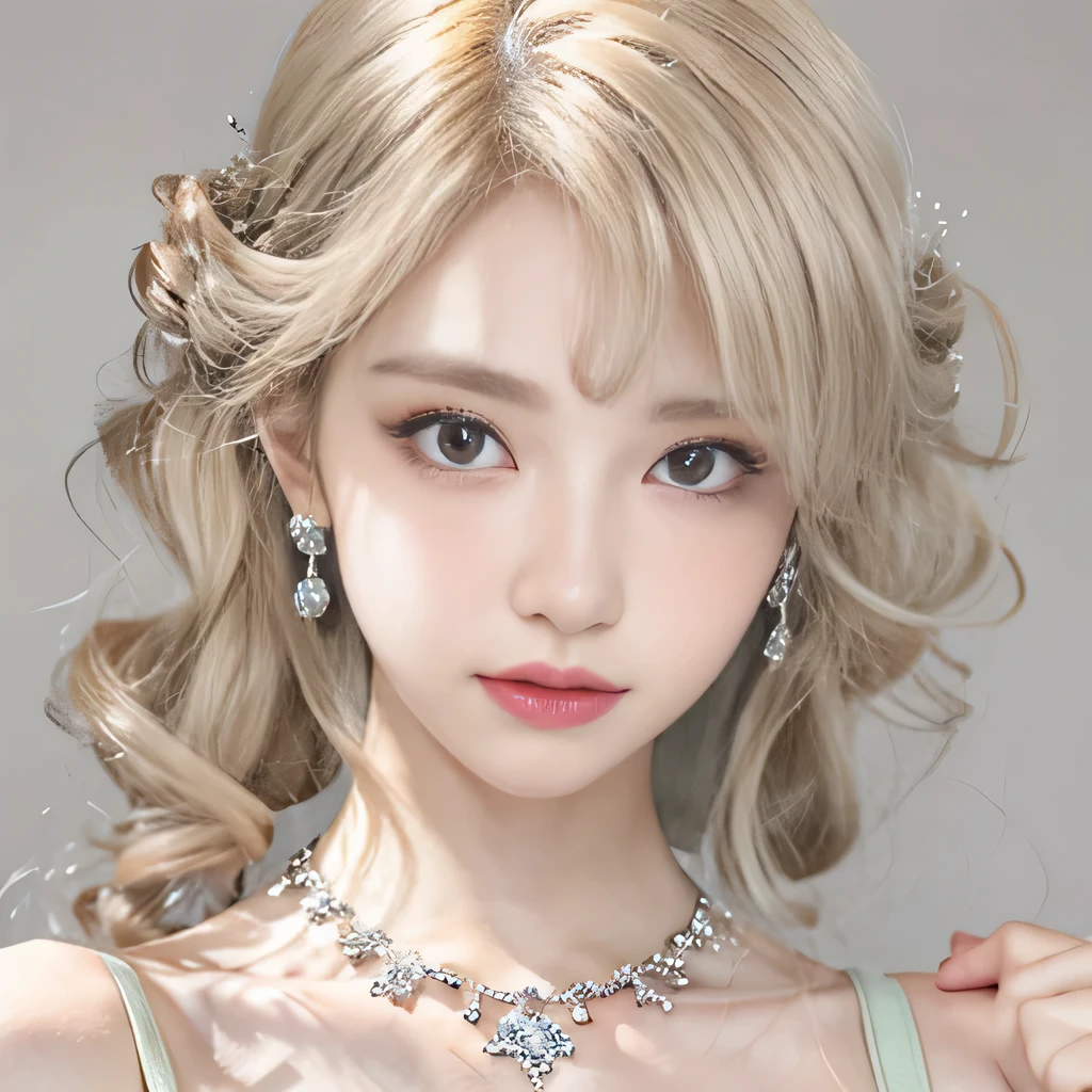8k)、(best image quality:1.5)、gray background、close up of face、1girl、masterpiece、delicate and sharp eyes、brown eyes、eye power、delicate face、cup、attractive face、platinum blonde hair、Semi-long wave、Green Wedding Dresses、Green Wedding Dresses、I can see the collarbone、gal、Emphasis on the clavicle、earrings、necklace