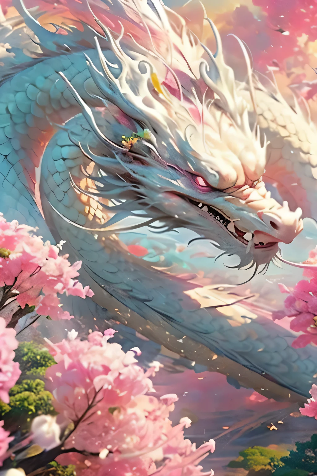 (white oriental dragon), Sky, rosy clouds, flowers, (hazy light: 1.2), (edge lighting: 1.2). low contrast, high gloss, (the best quality), (actual medium, actual: 1.3), (masterpiece: 1.3), epic CG masterpiece, high dynamic range, digitalTM, Manha, 8k, Ultra-detailed graphic tension, amazing colors, 3d rendering, surrealism, Lighting effects, realism, 00 renderer, ultra actual, HD, Exquisite details, Very detailed, Astonishing, complex, epic work, extraordinary lighting, beautiful landscape background, Enhanced, Crisp quality, amazing, win, Selected, the best, novel, modern, artistic, dramatic, Atmospheric, professional, confident, Unique, Encouraging, attractive, Romantic, Imaginative, perfect, Symmetrical, illuminated, sharp focus, reasonable, (no characters: 1.2)