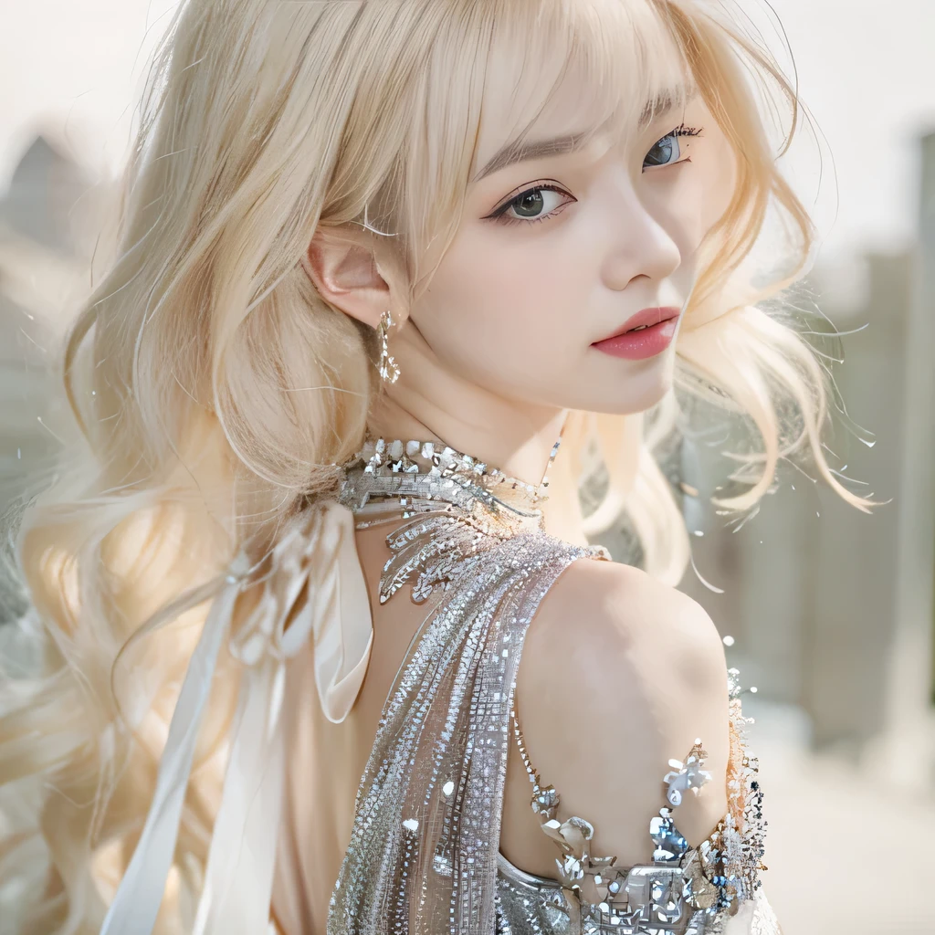 8k)、(best image quality:1.5)、gray background、close up of face、1girl、masterpiece、delicate and sharp eyes、brown eyes、eye power、delicate face、cup、attractive face、platinum blonde hair、Semi-long wave、Green Wedding Dresses、Green Wedding Dresses、I can see the collarbone、gal、Emphasis on the clavicle、earrings、necklace