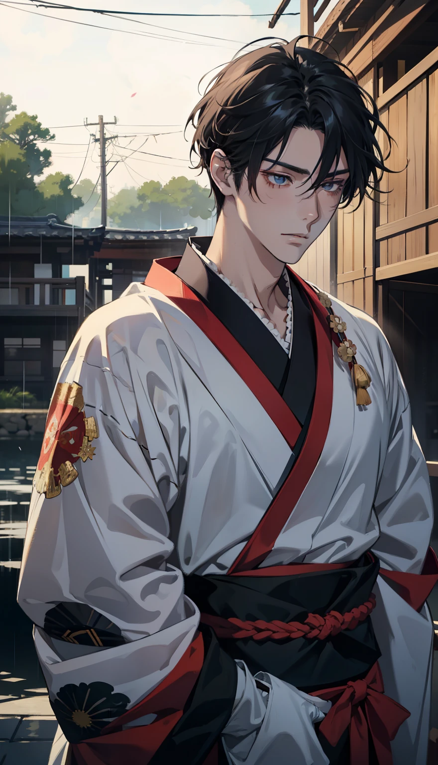 maleの子2人,male,youth,白いkimono、white haori、kimono、sunny rain、mask、pointing an ax at me、Hugging、cool、Handsome guy、A little scary illustration、Screen contrast is low,high brightness,black hair and blonde,soft writing,soft,romanticism, ,Impressionism, cinematic lighting, close, hyper hd, masterpiece, advanced details,