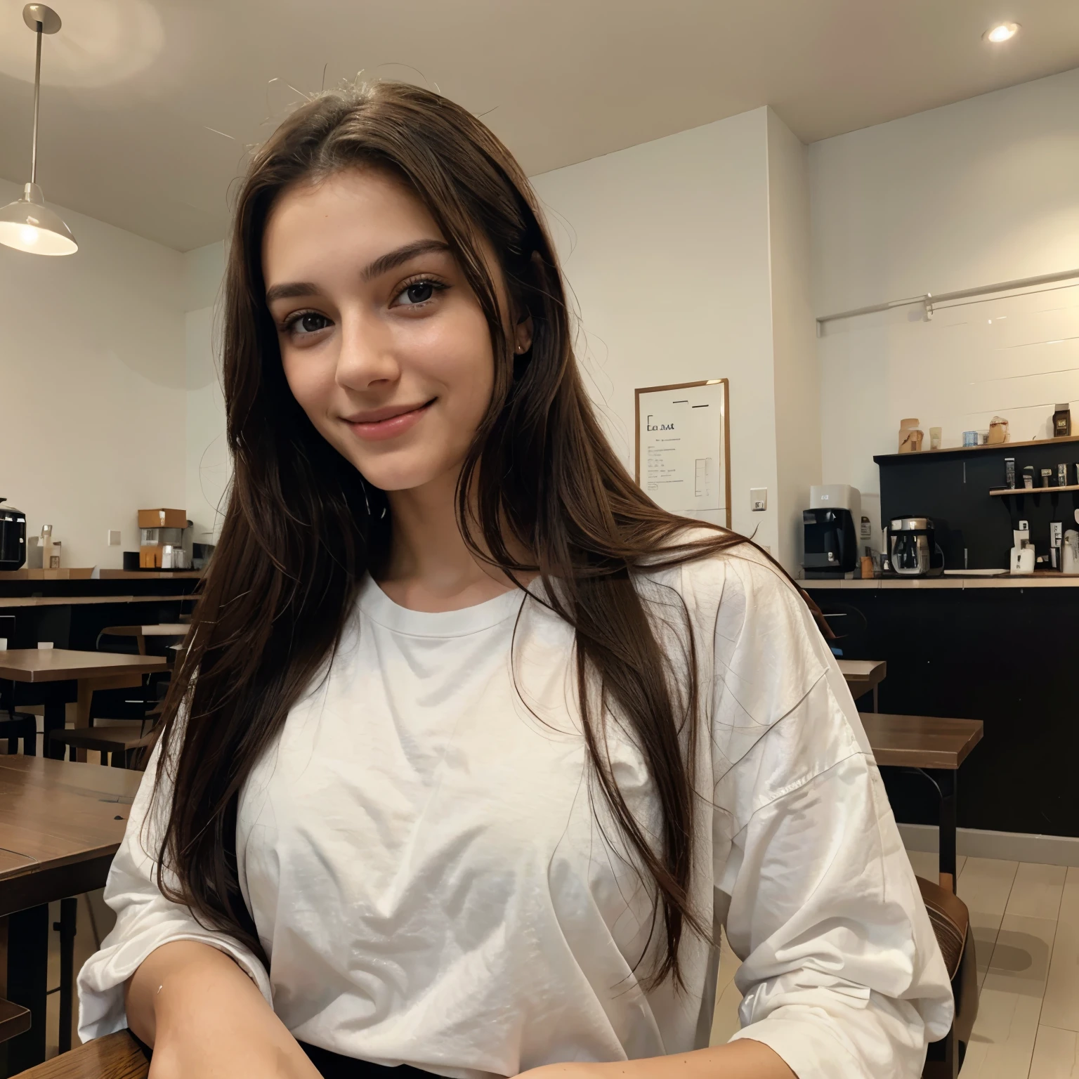 Photo of a 20 year old brunette woman, that has a very natural face, thin lips, thin eyes, thin eyebrows, thin nose. In cafe, drink coffee. Wearing black jacket, white t-shirt. ((smile)) ((perfect hands))