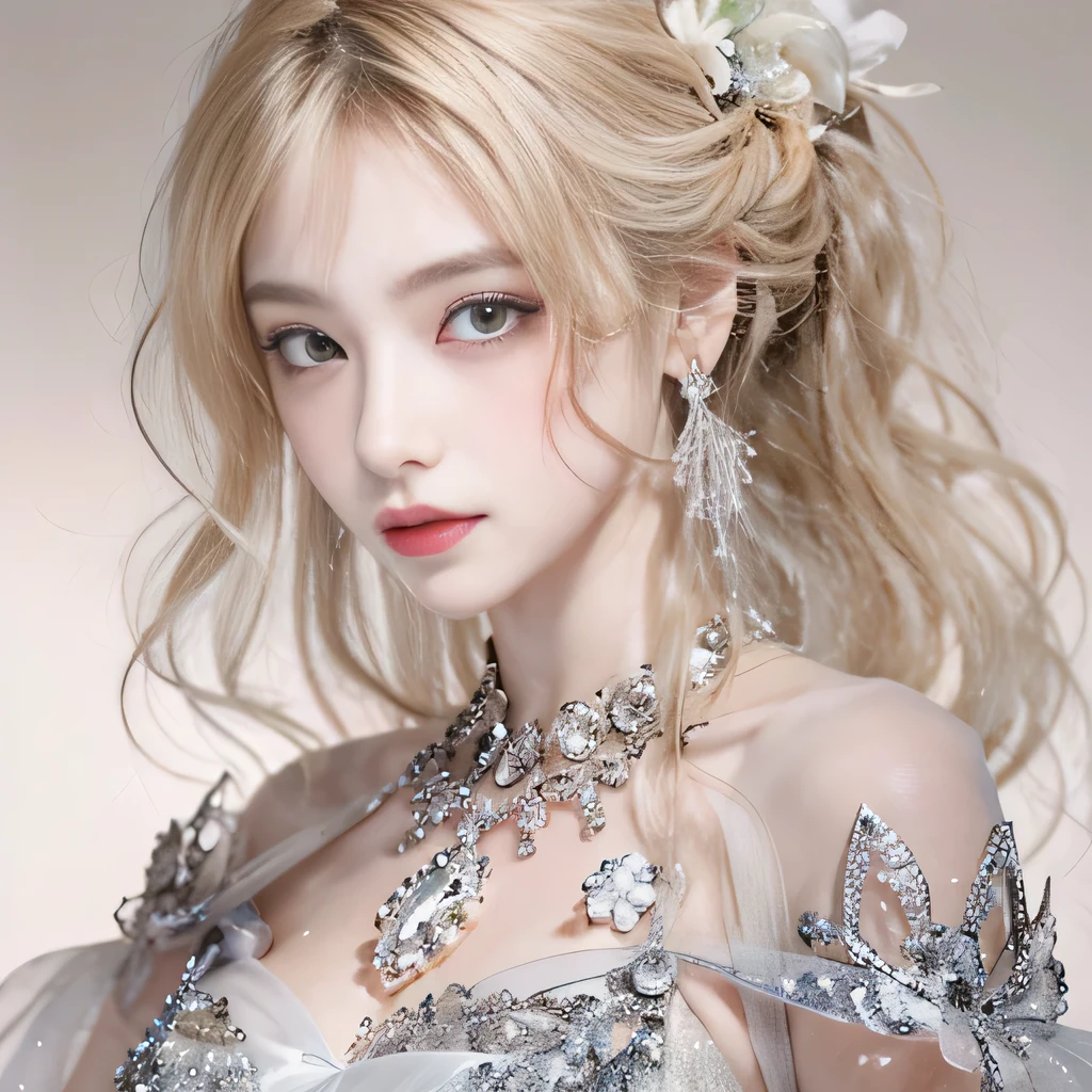 8k）、（best image quality:1.5）、gray background、close up of face、１girl、masterpiece、delicate and sharp eyes、brown eyes、eye power、delicate face、cup、attractive face、platinum blonde hair、Semi-long wave、Green Wedding Dresses、Green Wedding Dresses、I can see the collarbone、gal、Emphasis on the clavicle、earrings、necklace