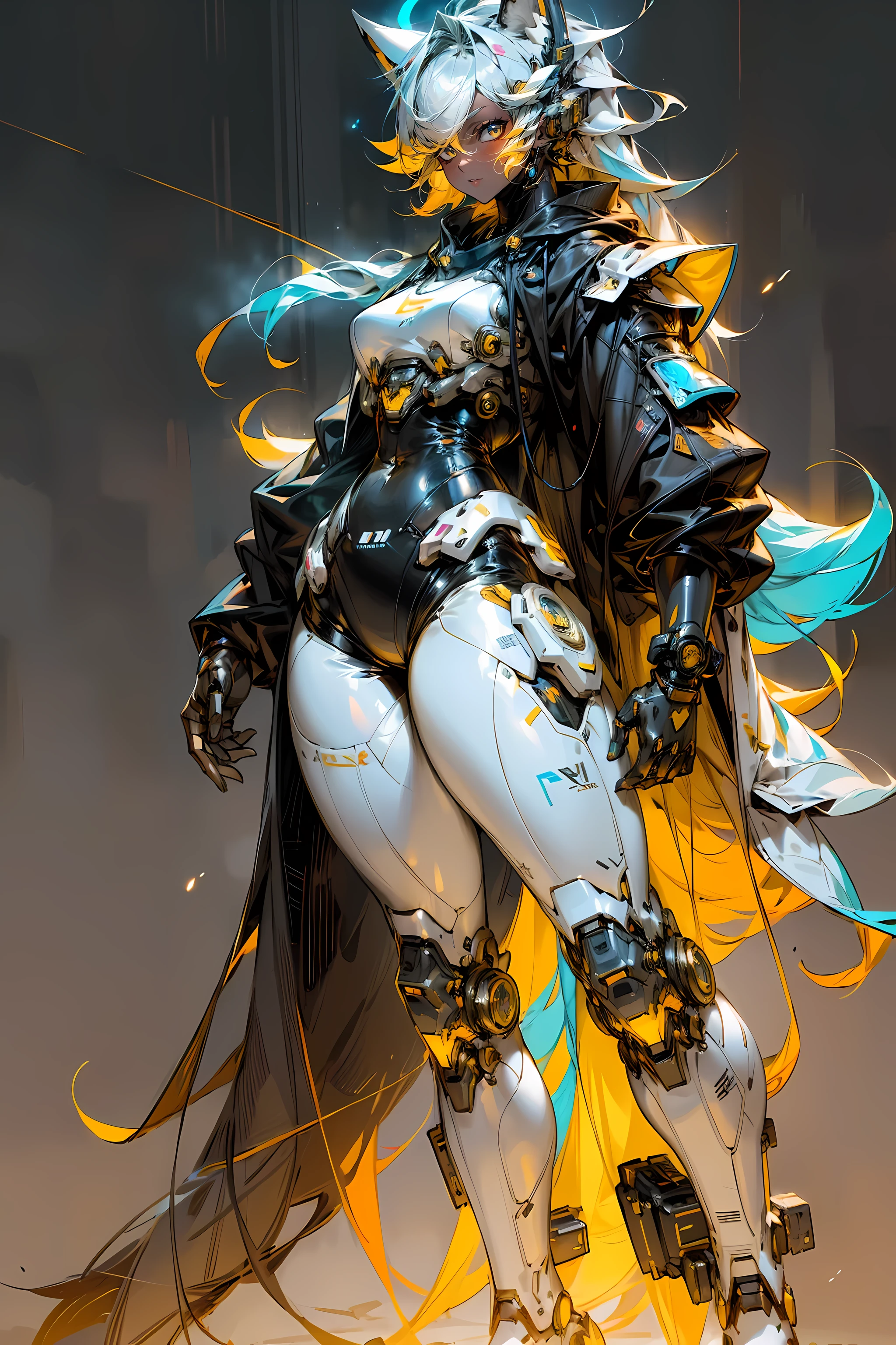 sci-fi fox girl,fox girl,metallic feel,shining silver armor,glowing neon lights,science fiction theme,Colorful futuristic background,masterpiece:1.2,Super detailed,actual:1.37,portrait,Cool blue tones,stunning lighting,whole body,Perfect body