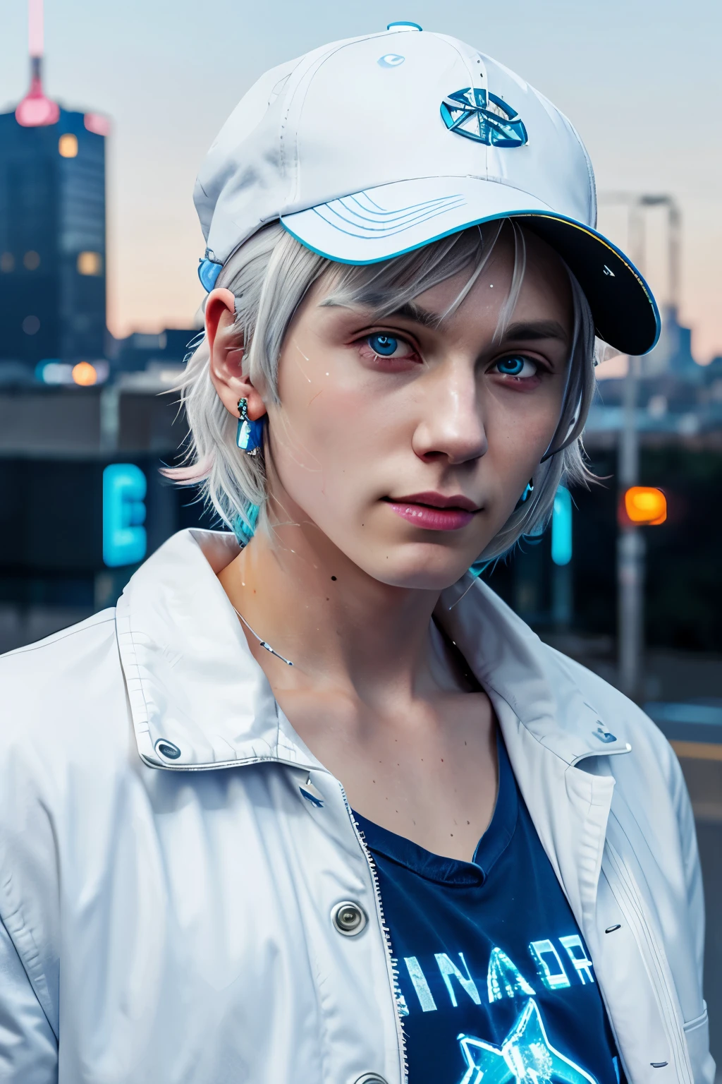 1 boy, cat ear, solo, colorful, blue eyes, cyberpunk, cityscape, moon background, peace sign, earrings, white hair, hat, neon sign, beautiful lights, character focus, CG illustration, bust shot, white color jacket, 8k resolution, very detailed, anatomically correct, digital painting, concept art, clear picture,