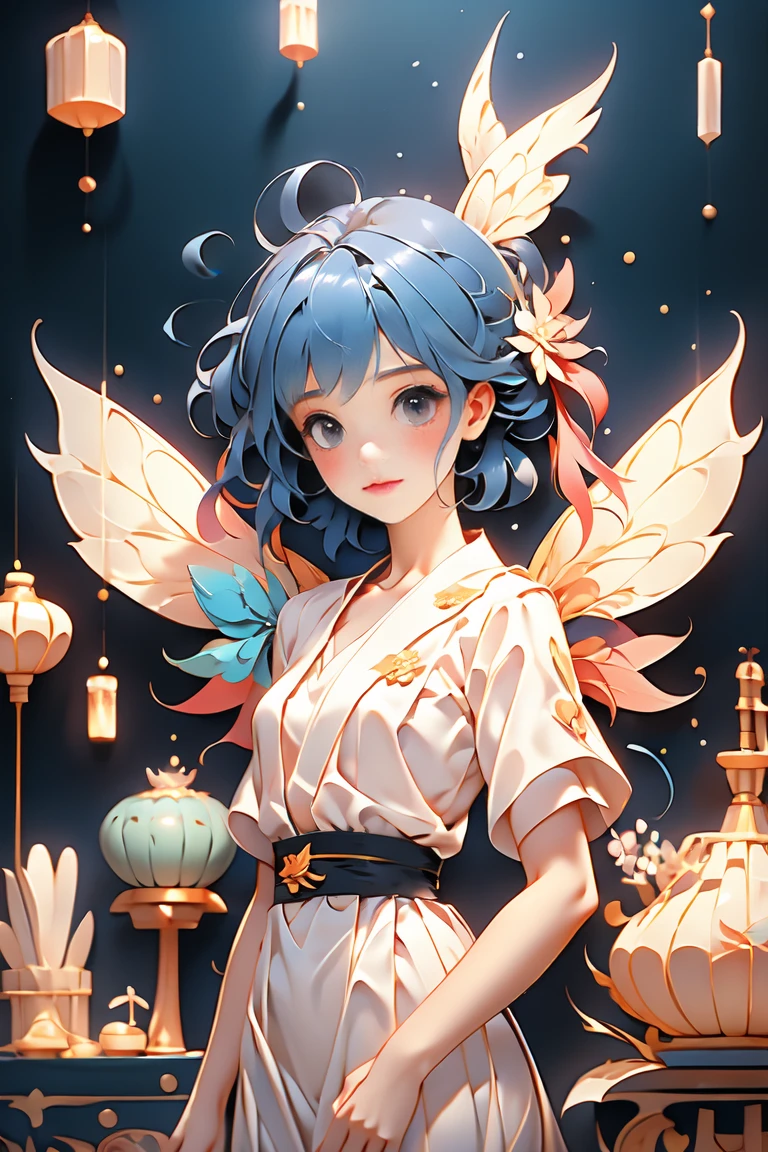 A fairy girl with small wings on her back、Sculpture of a book praying for dagashi at a Japanese dagashi shop after closing。complex and dynamic、Cinematic --chaos 20 --style raw --stylize 350 --v 6.0 --ar 1:1
