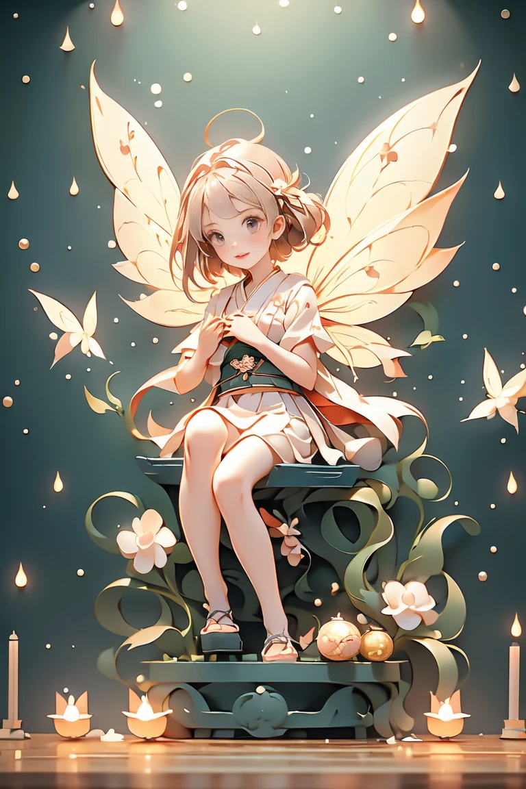 A fairy girl with small wings on her back、Sculpture of a book praying for dagashi at a Japanese dagashi shop after closing。complex and dynamic、Cinematic --chaos 20 --style raw --stylize 350 --v 6.0 --ar 1:1