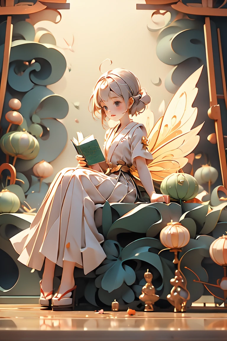 A fairy girl with small wings on her back、Sculpture of a book praying for dagashi at a Japanese dagashi shop after closing。complex and dynamic、Cinematic --chaos 20 --style raw --stylize 350 --v 6.0 --ar 1:1