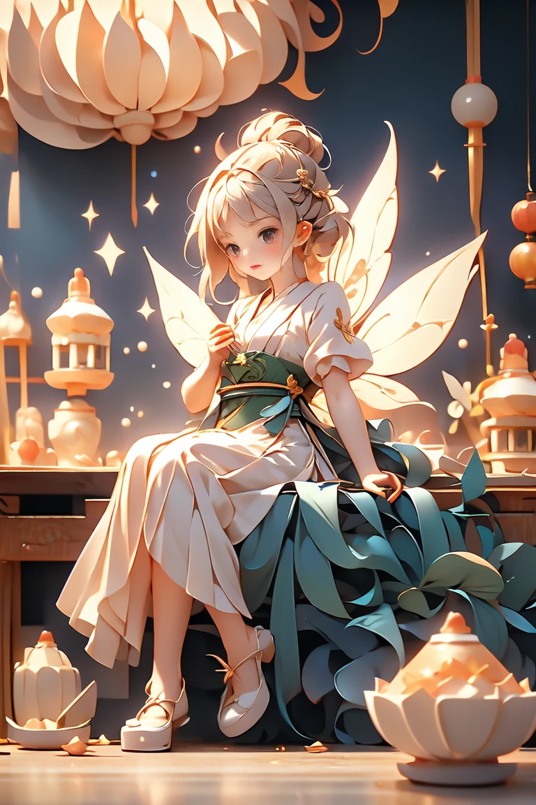 A fairy girl with small wings on her back、Sculpture of a book praying for dagashi at a Japanese dagashi shop after closing。complex and dynamic、Cinematic --chaos 20 --style raw --stylize 350 --v 6.0 --ar 1:1