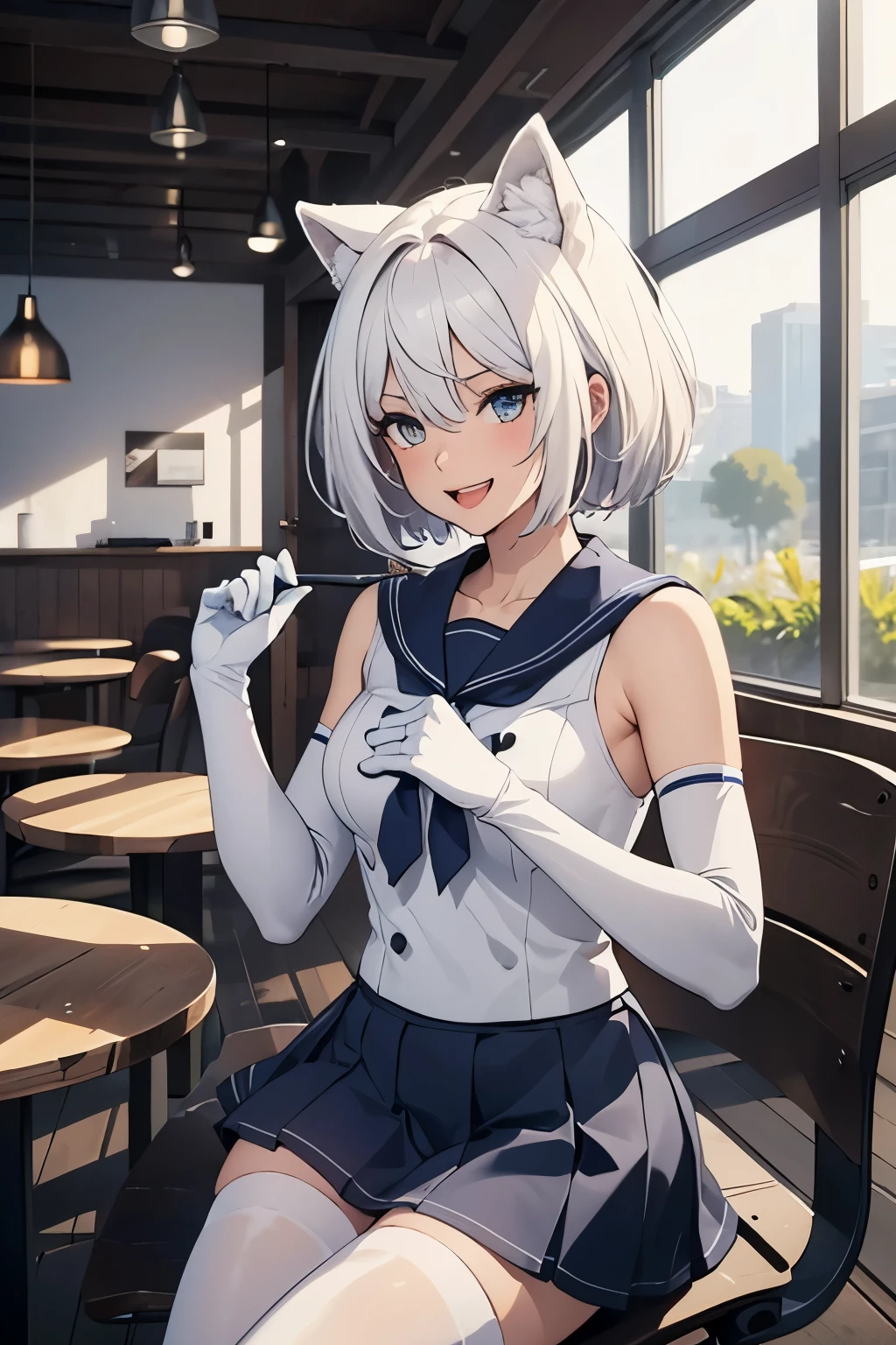 table top　High level image quality　best image quality　8k　 adult woman　The whole body enters　white long gloves（elbow gloves）　white pantyhose　sailor suit（sleeveless）　navy blue mini skirt　white wolf ears　short hair（（shortcut）（pure white hair）（perm）（fluffy））　eye color is blue　attractive face（（laughter）（smile）（open your mouth））　beautiful feet　view from the side　
