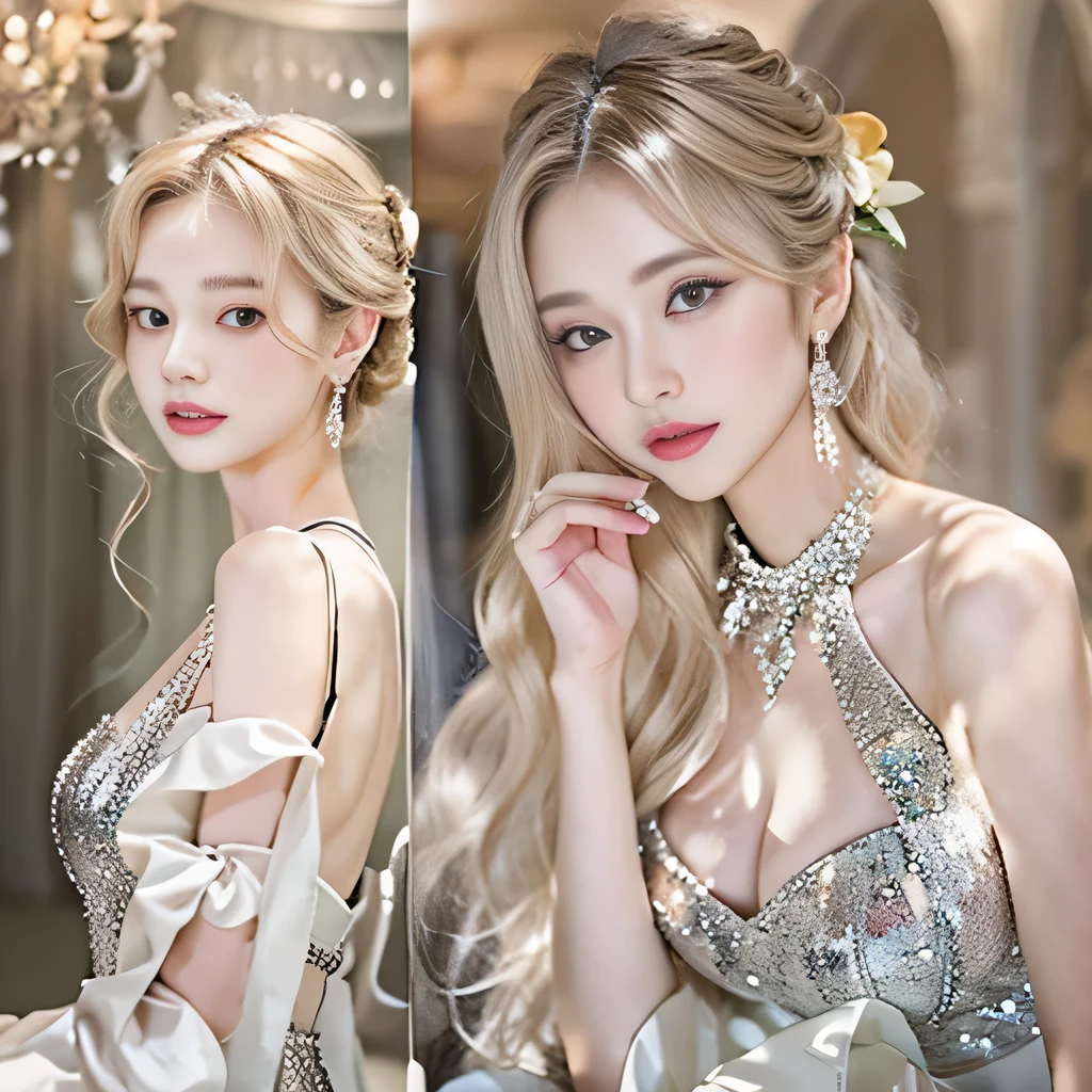 8k）、（best image quality:1.5）、gray background、close up of face、１girl、masterpiece、delicate and sharp eyes、brown eyes、eye power、delicate face、cup、attractive face、platinum blonde hair、Semi-long wave、Green Wedding Dresses、Green Wedding Dresses、I can see the collarbone、gal、Emphasis on the clavicle、earrings、necklace