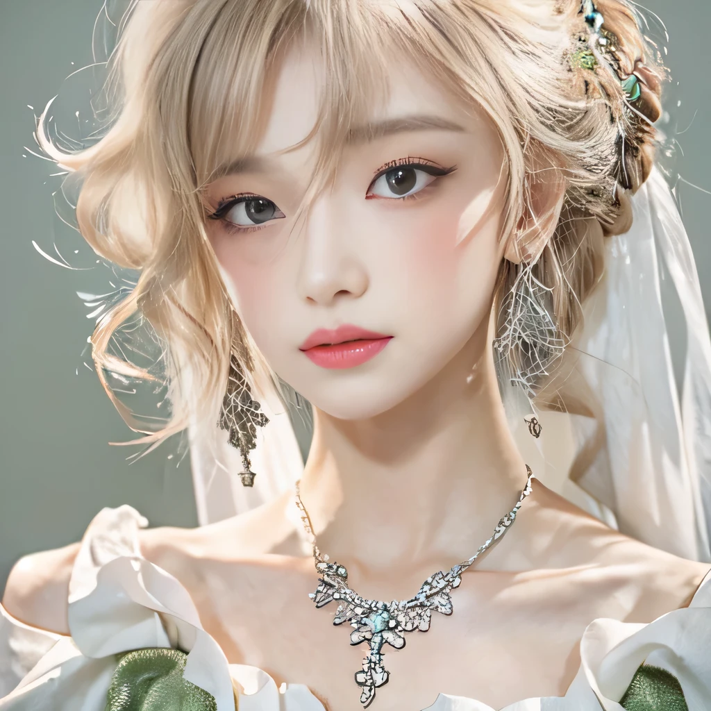 8k)、(best image quality:1.5)、gray background、close up of face、1girl、masterpiece、delicate and sharp eyes、brown eyes、eye power、delicate face、cup、attractive face、platinum blonde hair、Semi-long wave、Green Wedding Dresses、Green Wedding Dresses、I can see the collarbone、gal、Emphasis on the clavicle、earrings、necklace