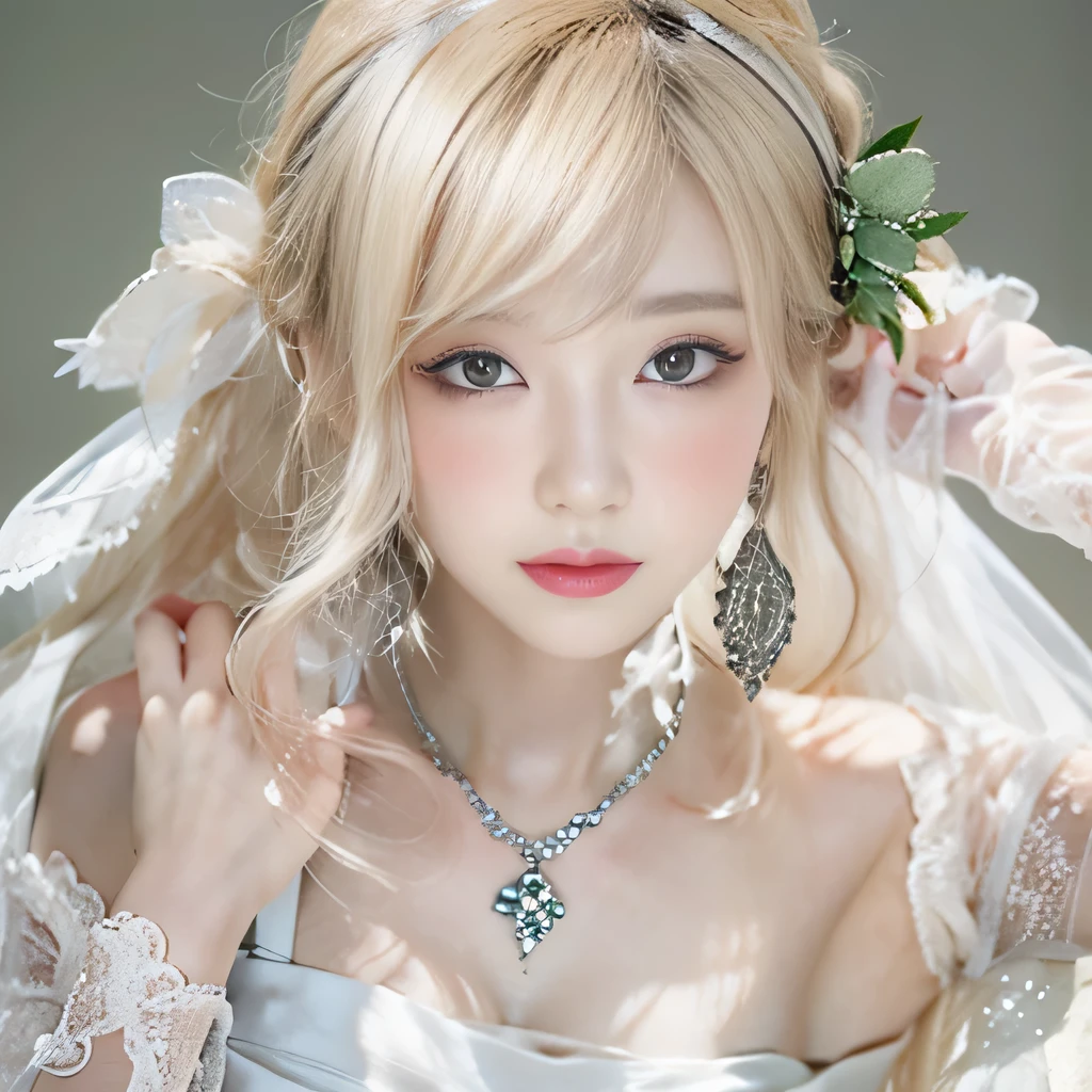 8k)、(best image quality:1.5)、gray background、close up of face、1girl、masterpiece、delicate and sharp eyes、brown eyes、eye power、delicate face、cup、attractive face、platinum blonde hair、Semi-long wave、Green Wedding Dresses、Green Wedding Dresses、I can see the collarbone、gal、Emphasis on the clavicle、earrings、necklace