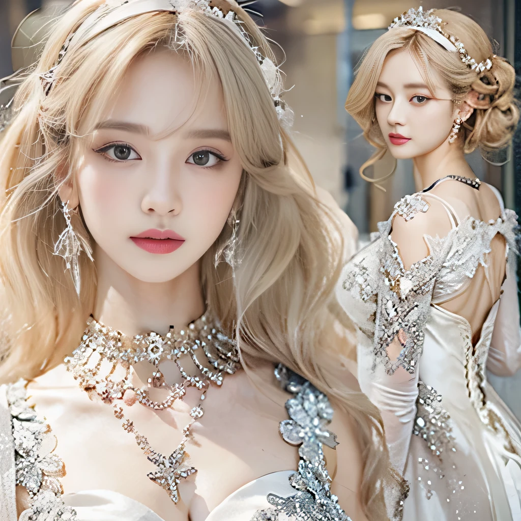 8k)、(best image quality:1.5)、gray background、close up of face、1girl、masterpiece、delicate and sharp eyes、brown eyes、eye power、delicate face、cup、attractive face、platinum blonde hair、Semi-long wave、pink wedding dress、pink wedding dress、I can see the collarbone、gal、Emphasis on the clavicle、earrings、necklace