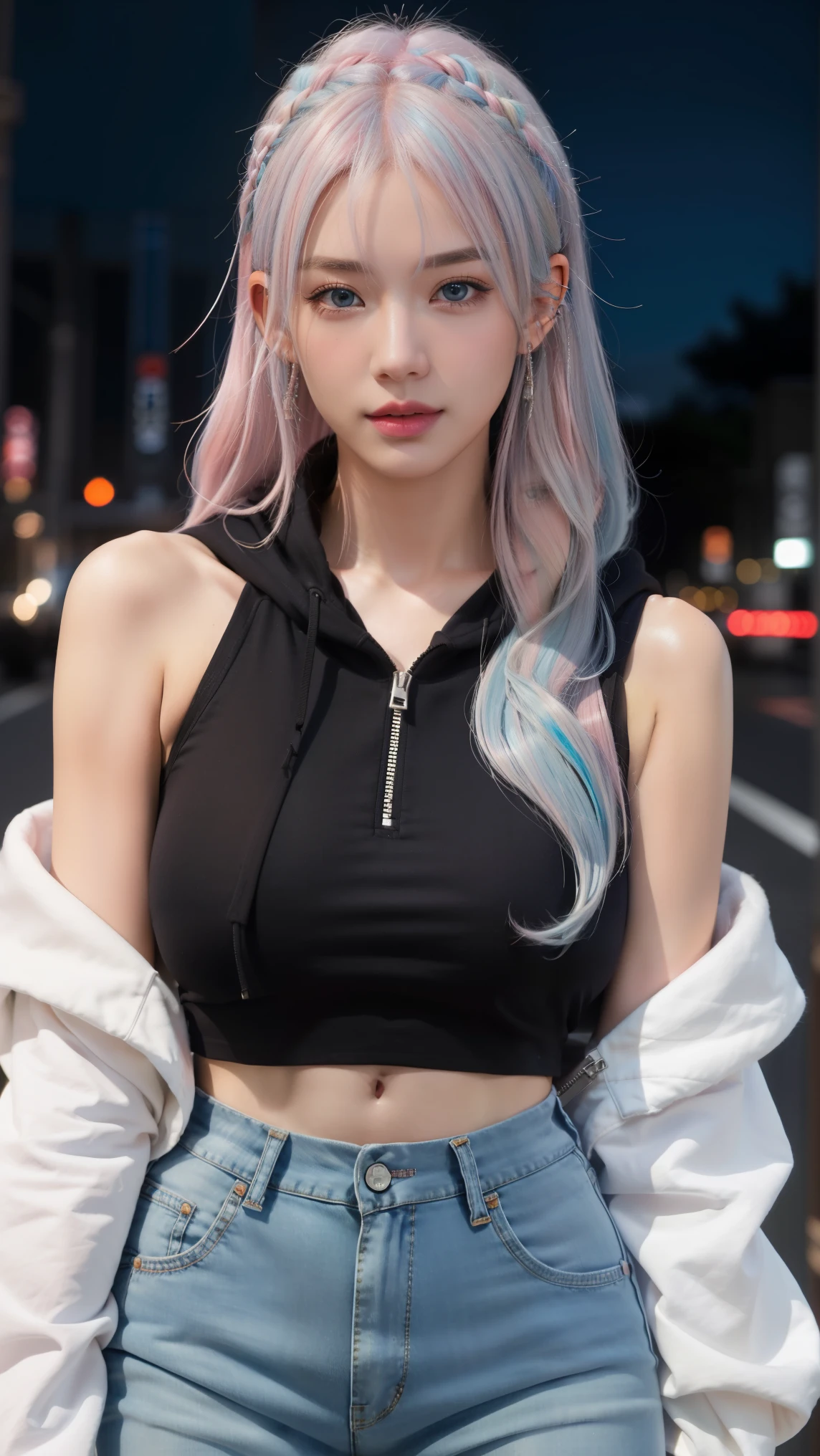 Realistic photos、Soft natural light、1 cute model、22 years old, smooth soft skin、(Light blue eyes),   (bangs, long hair, multicolored hair, gradient hair, two-tone hair, silver hair, pink hair, blue hair:1.2)  、Natural skin texture、hair long、Soft lighting、Detailed face、Photo Realism、looking into the camera、front face、realistic painting、SHARP FOCUS、8ｋ、 casual modern clothes (black cropped top shirt, short jeans pants, zipper off-shoulder hoodie)、 Ultra Gigantic Breasts: 1.2、perfect composition、Trending on Artstation、extremly detailed、Unreal Engine 5、photographic、Smooth and intricate details like a movie、studio photography、extremly detailed、detailed hairstyle、smile face。Tokyo Night Background, Ultra Gigantic Breasts.