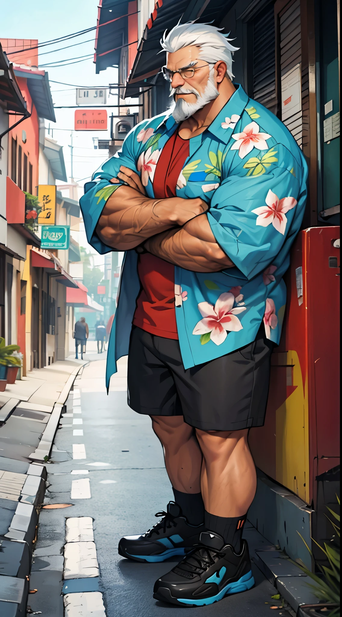 chubby old man in street city, old man, thick arm, huge arm, bearded. white hair and beard, bearded, muscular, pectoral, wide pectoral, beach, palm, realistic, 8k, masterpiece, (wearing shorts and white Hawaiian shirt, shoes)