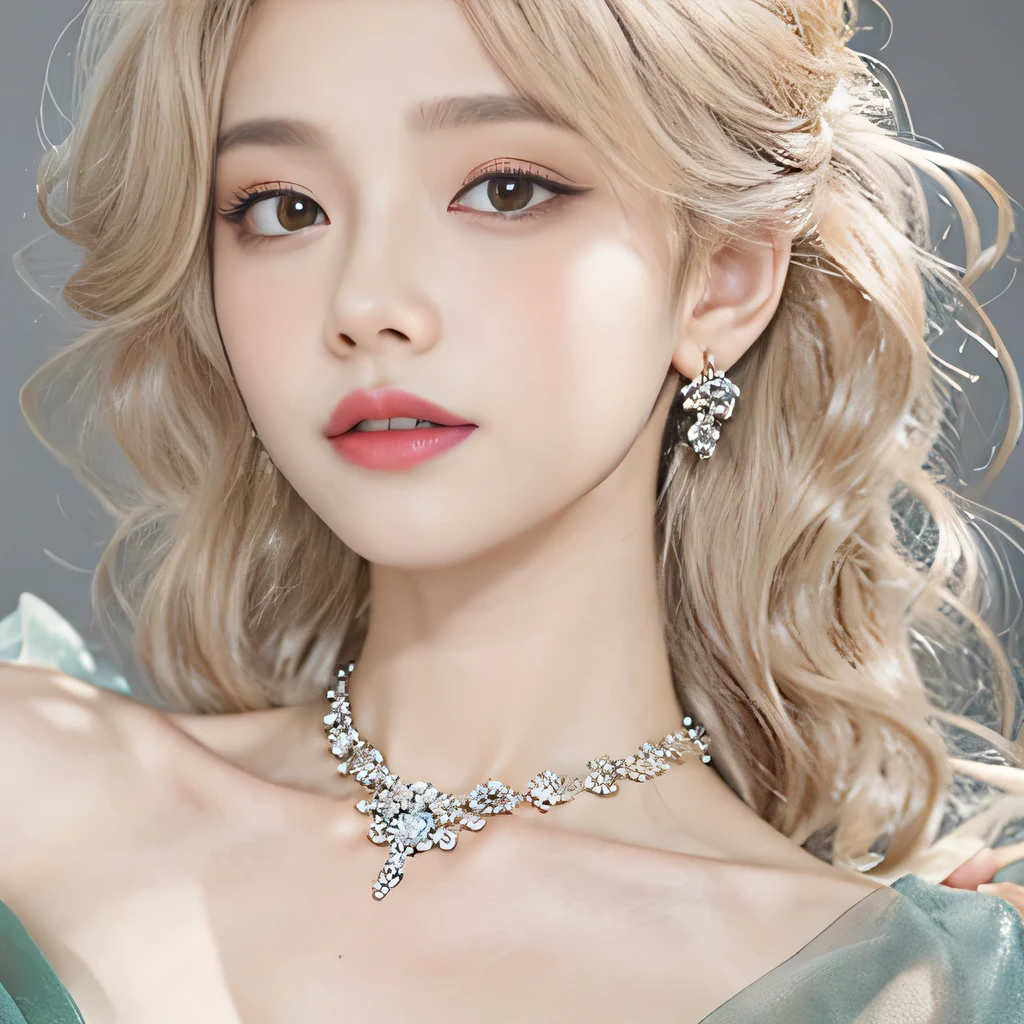 8k)、(best image quality:1.5)、gray background、close up of face、1girl、masterpiece、delicate and sharp eyes、brown eyes、eye power、delicate face、cup、attractive face、platinum blonde hair、Semi-long wave、Green Wedding Dresses、Green Wedding Dresses、I can see the collarbone、gal、Emphasis on the clavicle、earrings、necklace