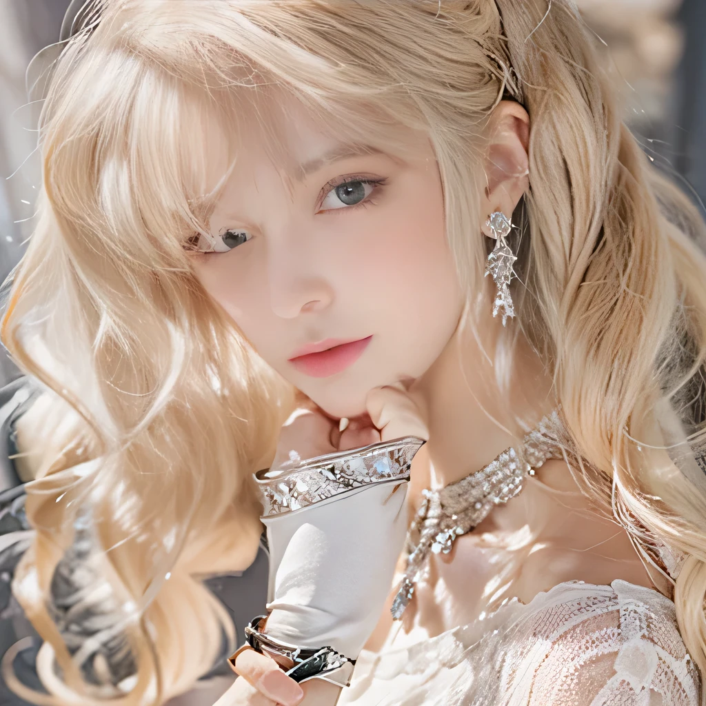 8k)、(best image quality:1.5)、gray background、close up of face、1girl、masterpiece、delicate and sharp eyes、brown eyes、eye power、delicate face、cup、attractive face、platinum blonde hair、Semi-long wave、Green Wedding Dresses、Green Wedding Dresses、I can see the collarbone、gal、Emphasis on the clavicle、earrings、necklace
