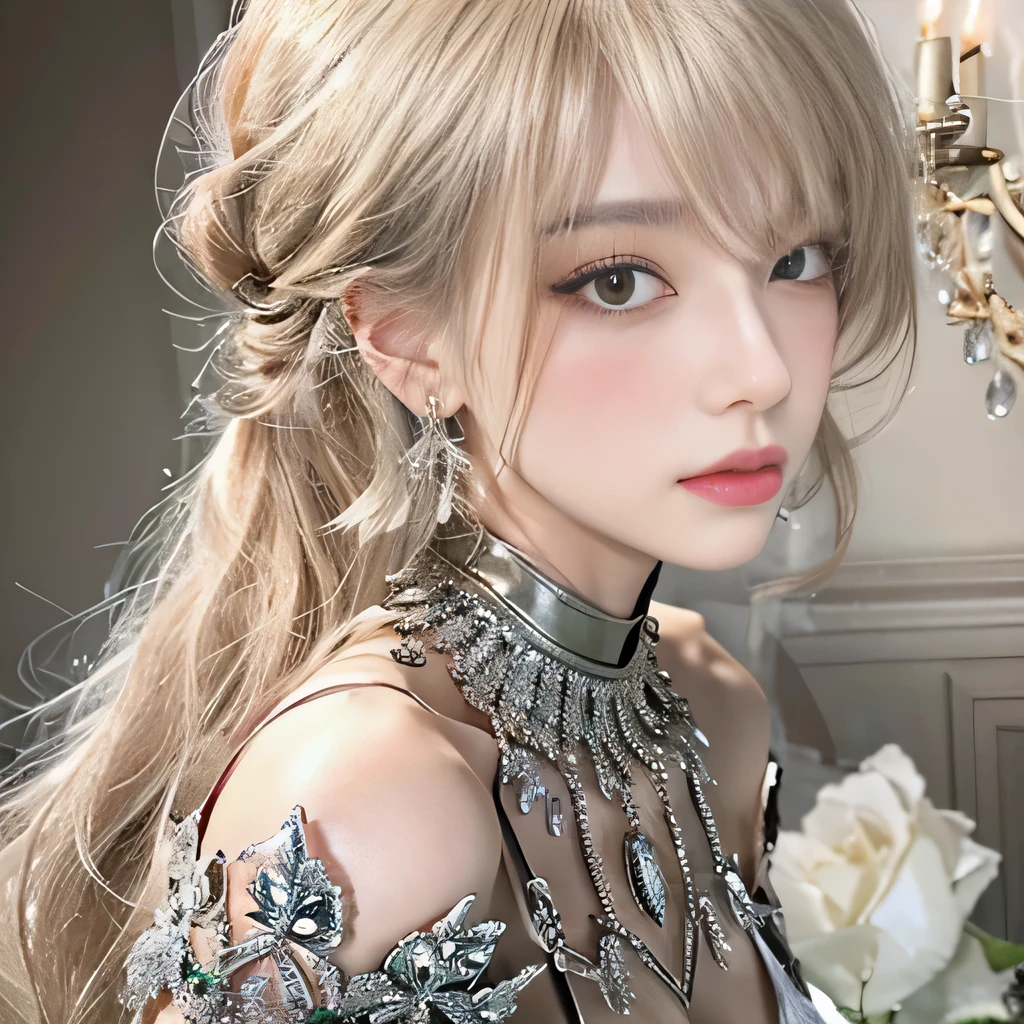 8k）、（best image quality:1.5）、gray background、close up of face、１girl、masterpiece、delicate and sharp eyes、brown eyes、eye power、delicate face、cup、attractive face、platinum blonde hair、Semi-long wave、Green Wedding Dresses、Green Wedding Dresses、I can see the collarbone、gal、Emphasis on the clavicle、earrings、necklace