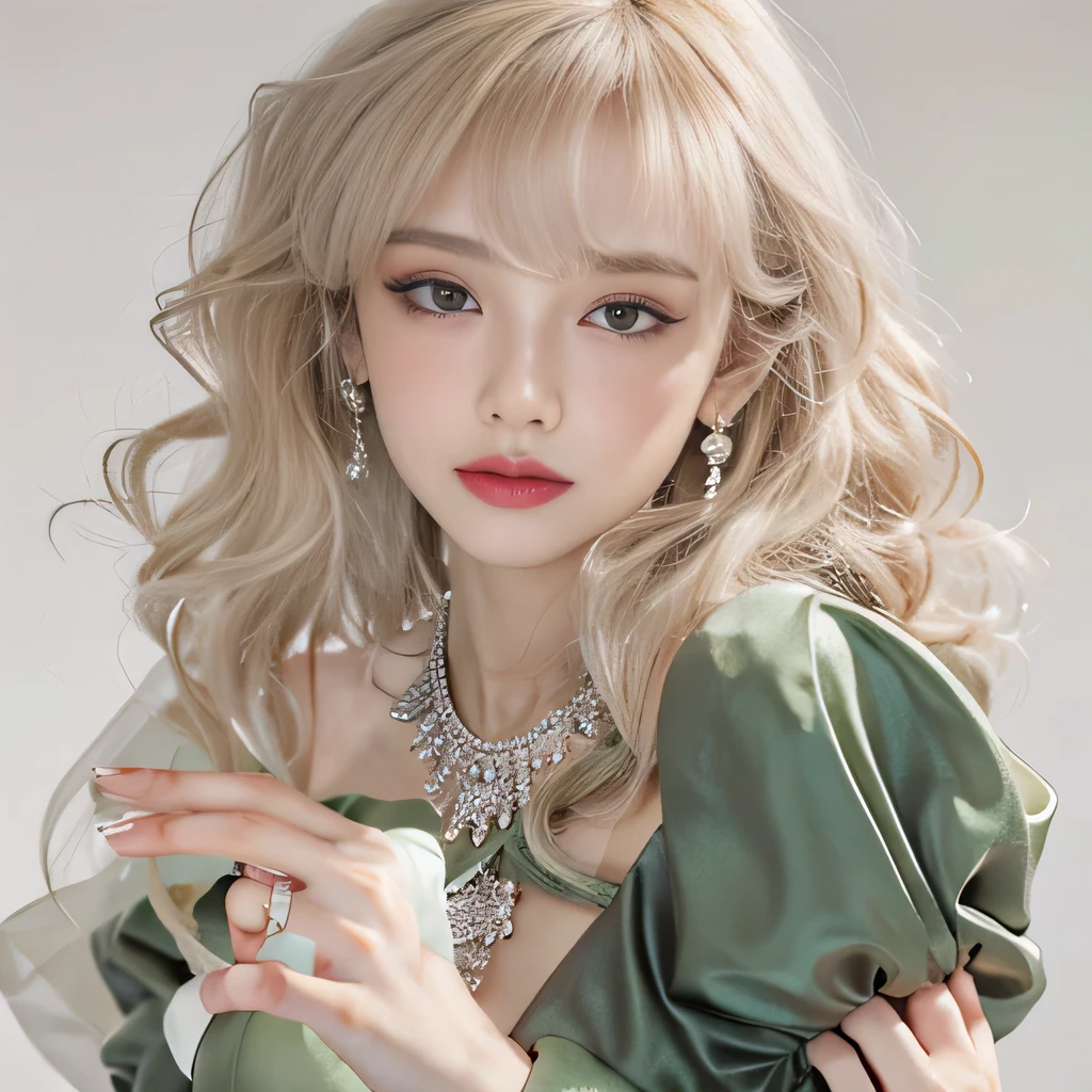 8k)、(best image quality:1.5)、gray background、close up of face、1girl、masterpiece、delicate and sharp eyes、brown eyes、eye power、delicate face、cup、attractive face、platinum blonde hair、Semi-long wave、Green Wedding Dresses、Green Wedding Dresses、I can see the collarbone、gal、Emphasis on the clavicle、earrings、necklace